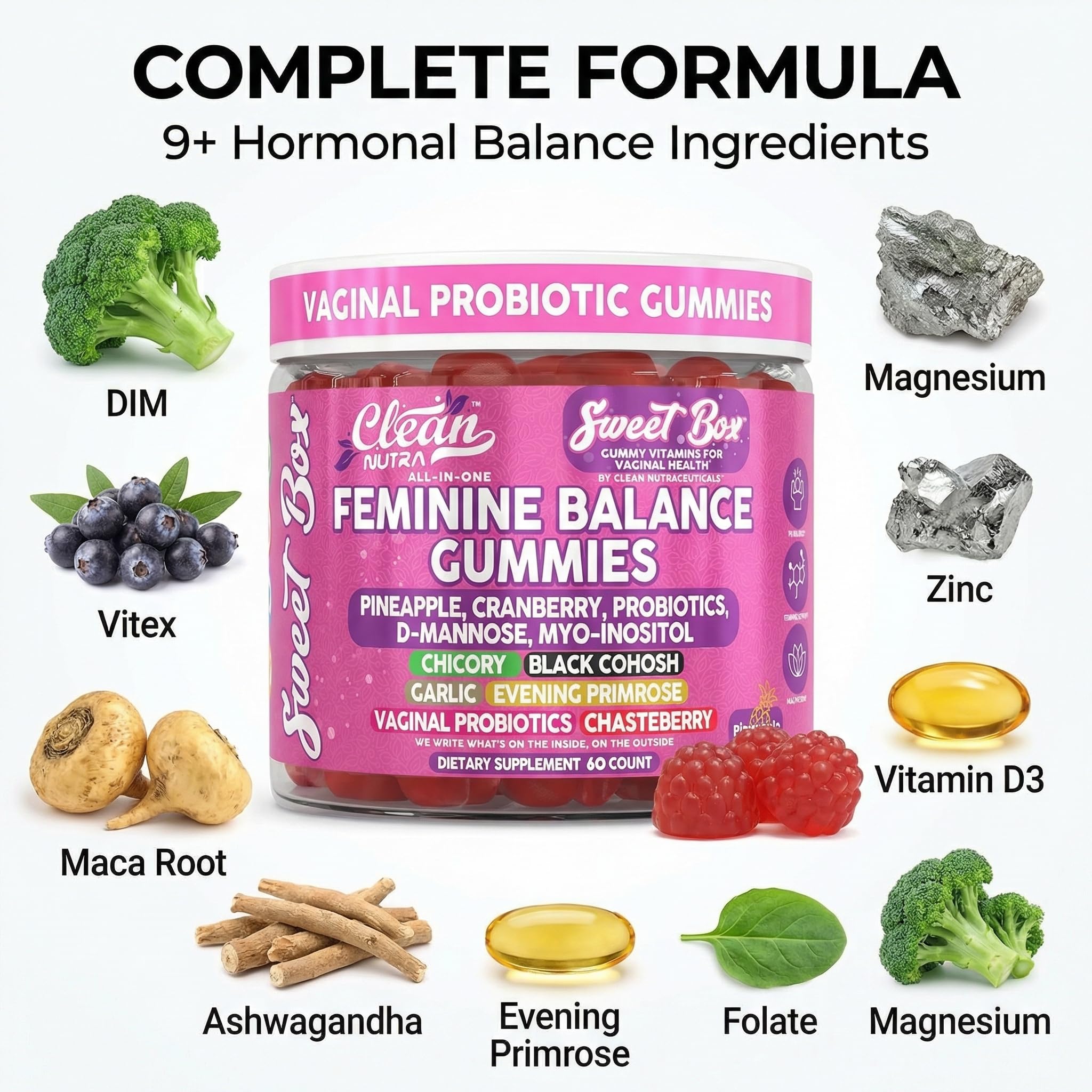 Clean Nutraceuticals Feminine Balance Gummies with a hand holding a gummy
