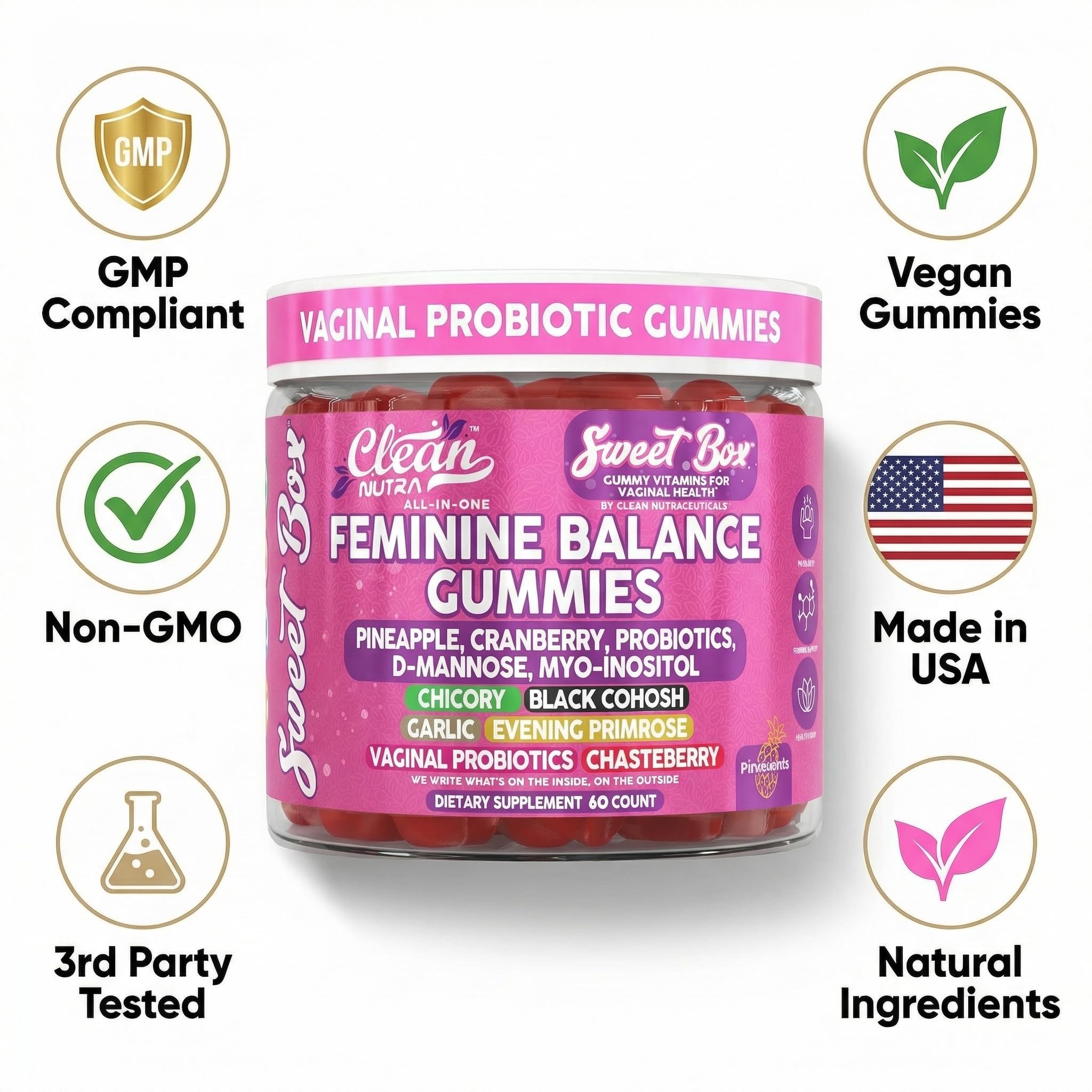 Clean Nutraceuticals Feminine Balance Gummies with fresh pineapple