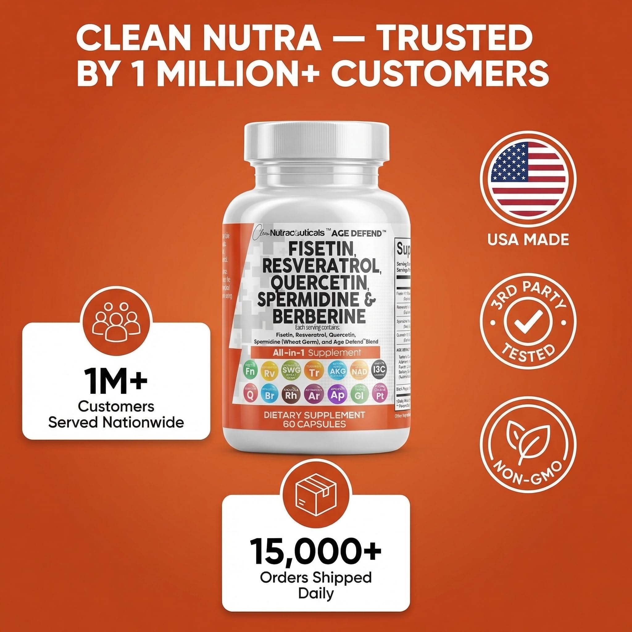Clean Nutraceuticals Fisetin Quercetin Resveratrol Supplement bottle with a glass of water