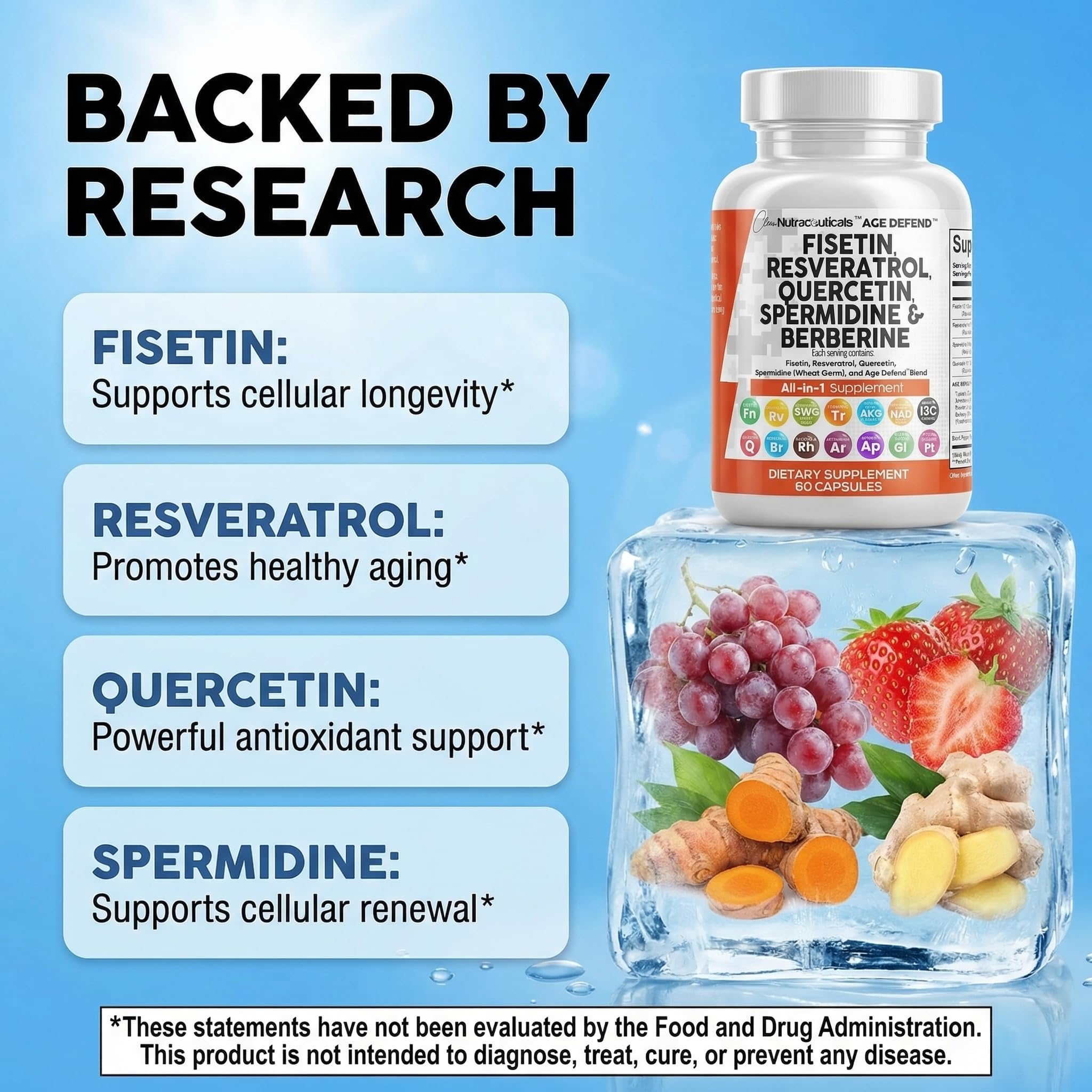Clean Nutraceuticals Fisetin Quercetin Resveratrol Supplement capsules on a wooden surface