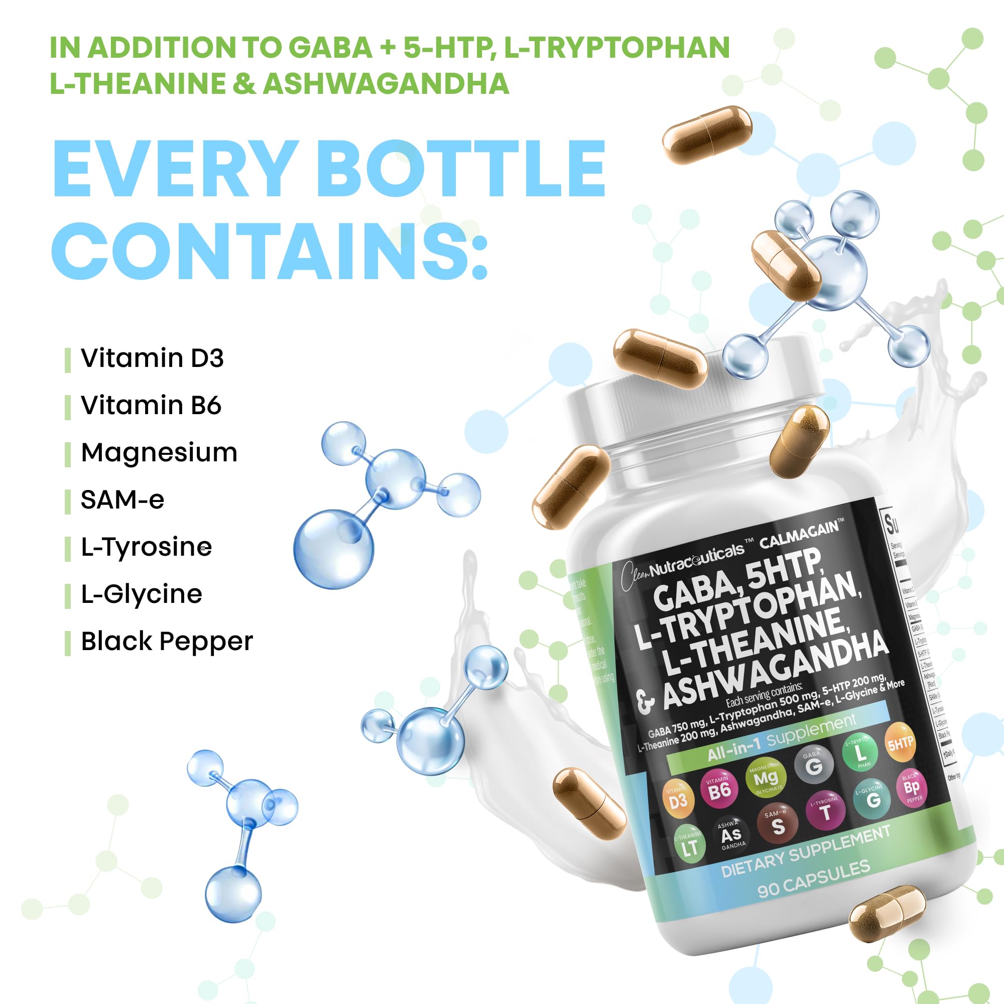 Clean Nutraceuticals GABA L-Theanine 5-HTP Supplement nutritional information