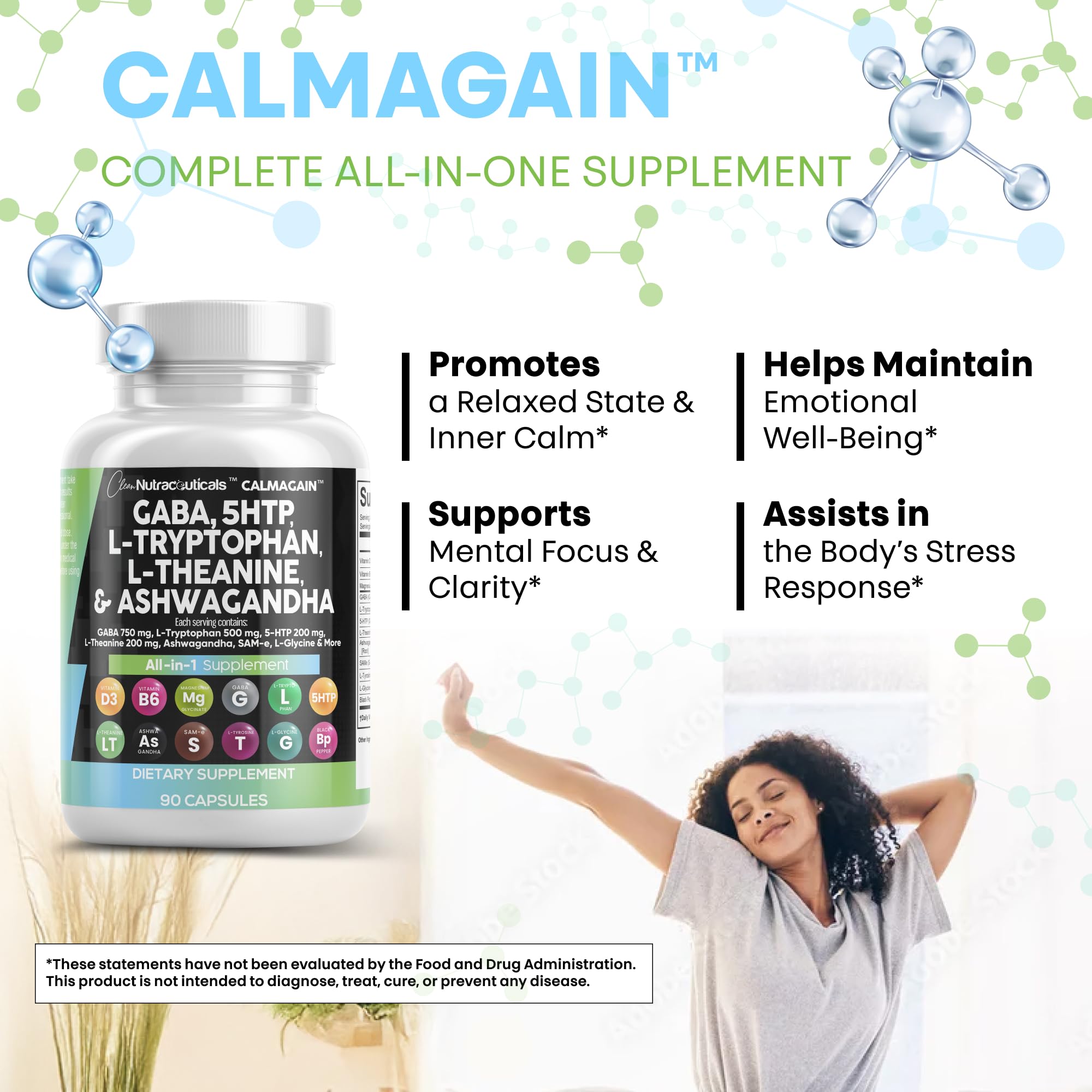 Clean Nutraceuticals GABA L-Theanine 5-HTP Supplement with lifestyle background