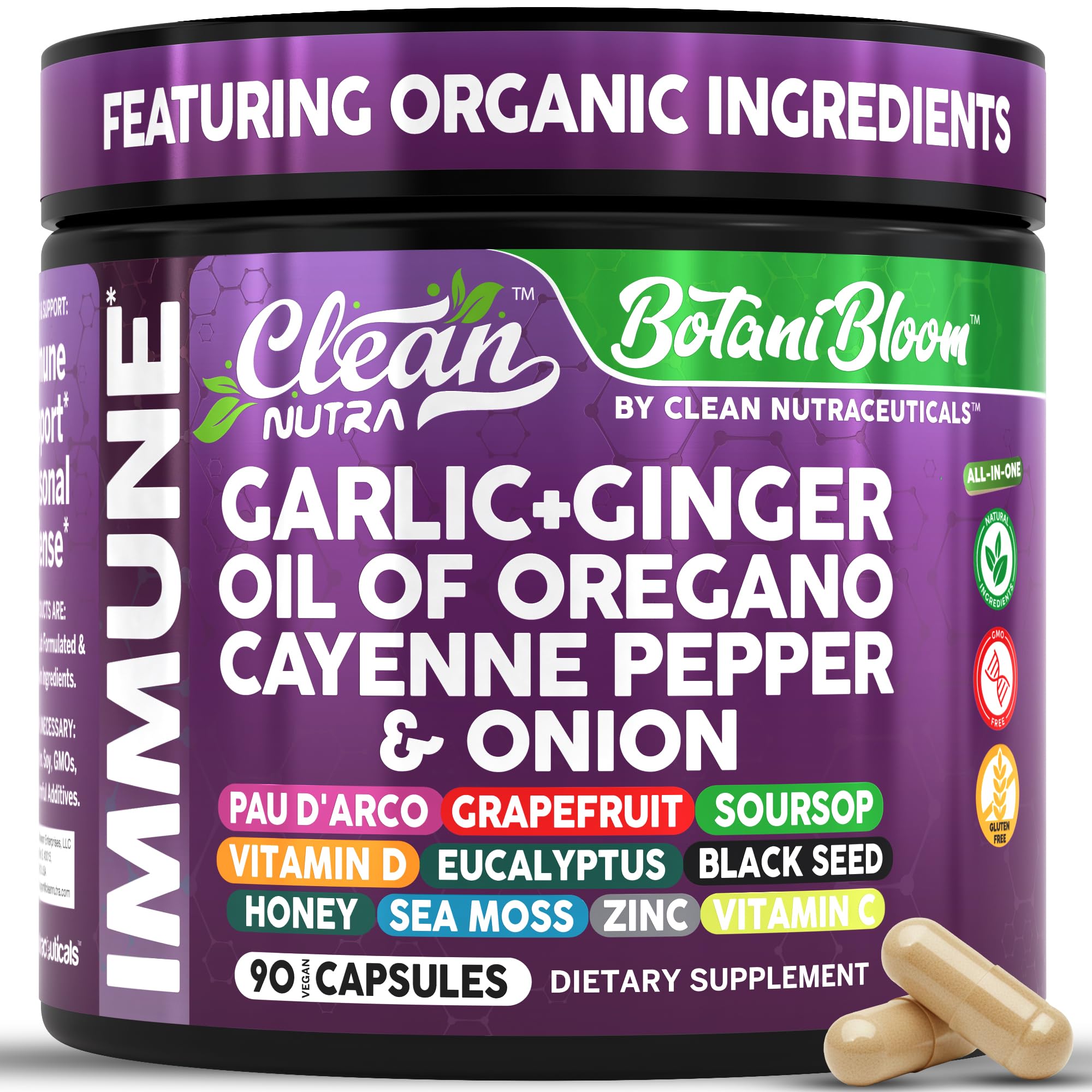 Clean Nutraceuticals Garlic & Sea Moss Capsules 90 Count front view