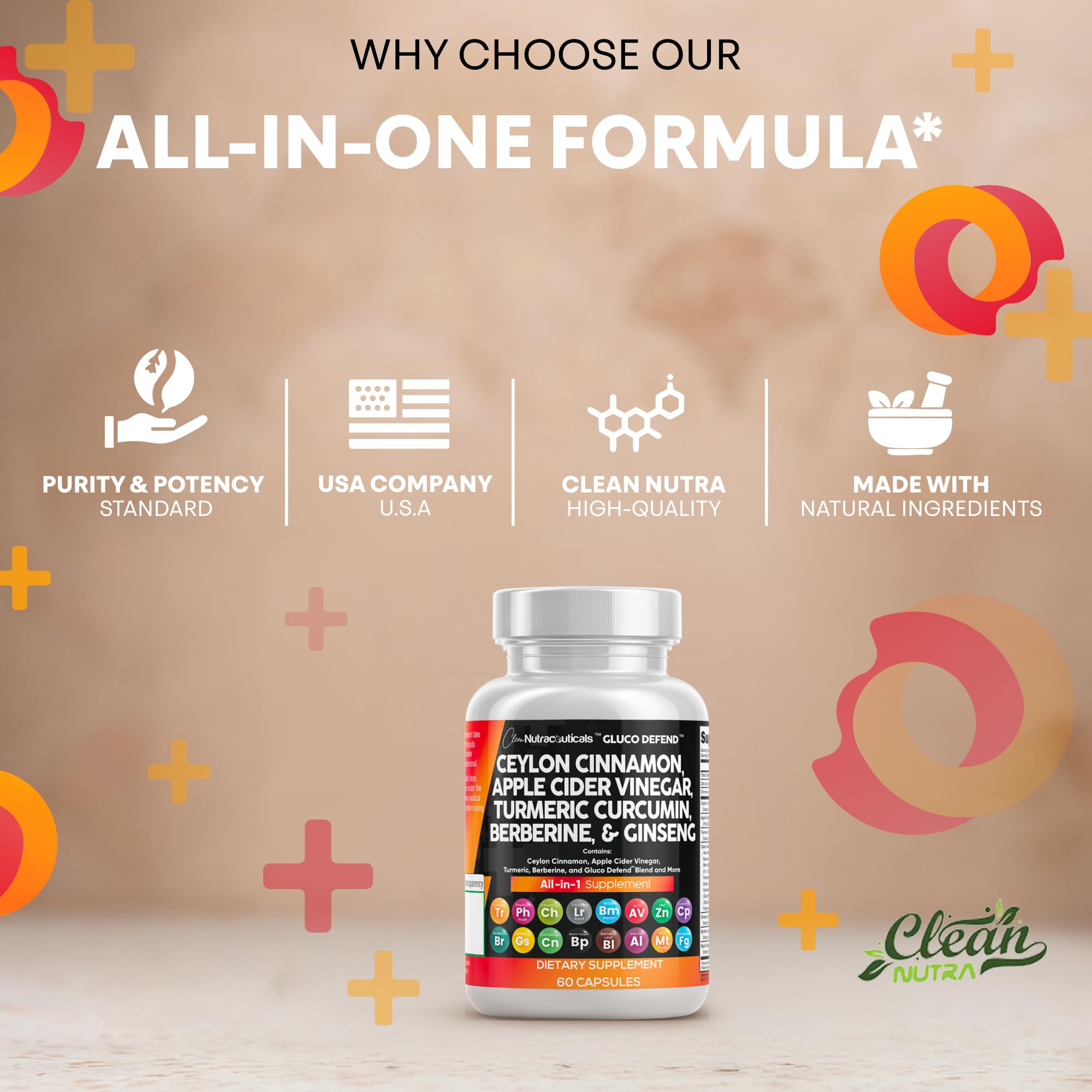 Clean Nutraceuticals Gluco Defend Cinnamon Supplements with a measuring spoon