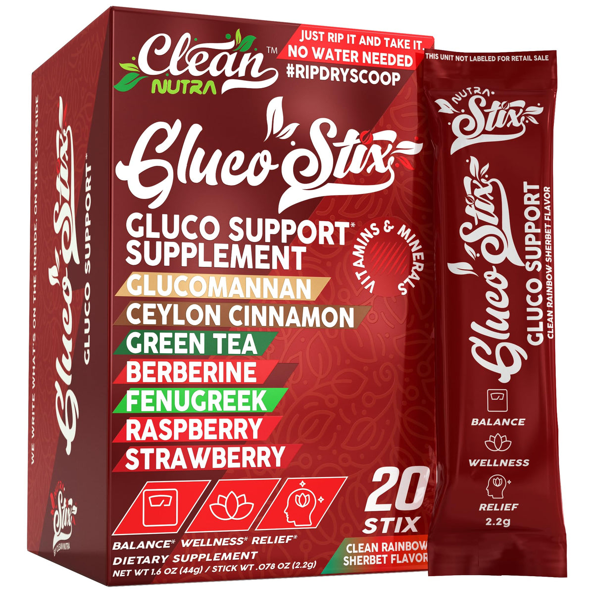Clean Nutraceuticals Gluco Stix packaging front view