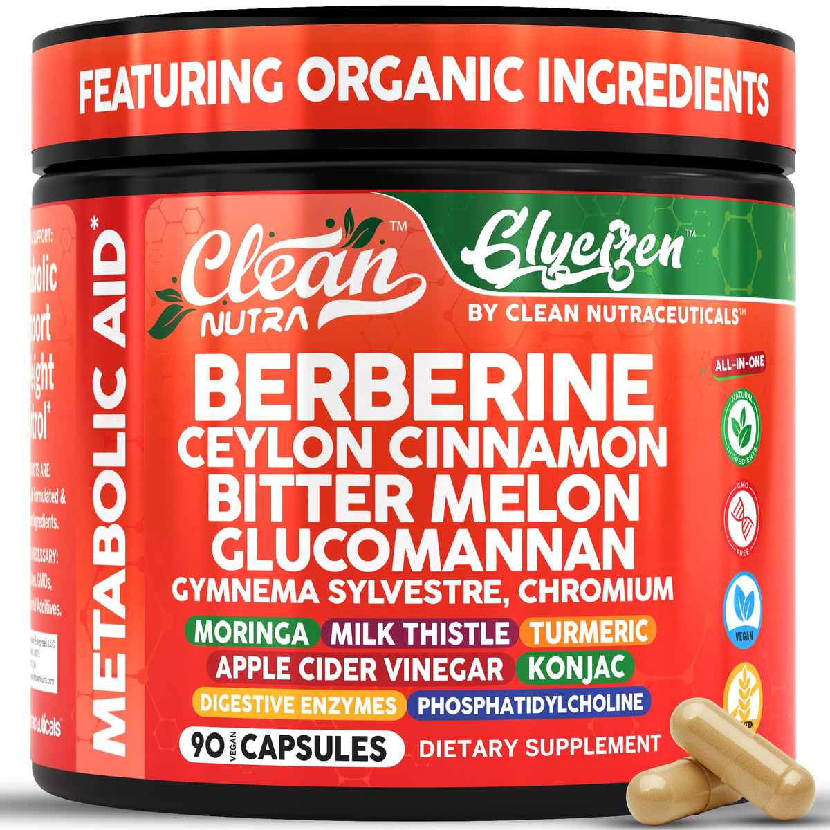 Clean Nutraceuticals GlyciZen Berberine Supplement 90 Vegan Capsules front view