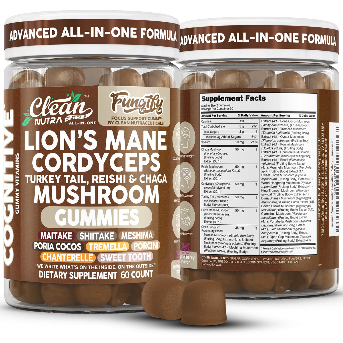 Clean Nutraceuticals Lions Mane Gummies 60-count bottle front view