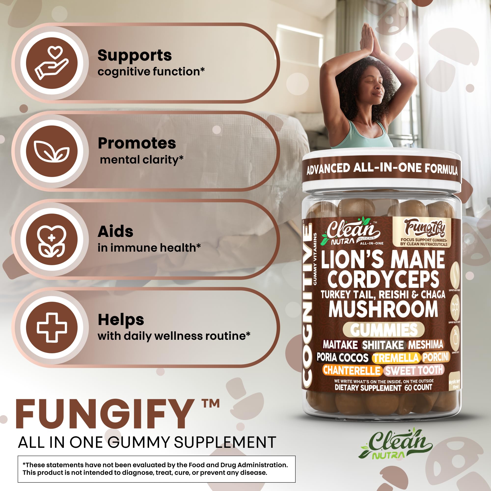 Clean Nutraceuticals Lions Mane Gummies with mushrooms background