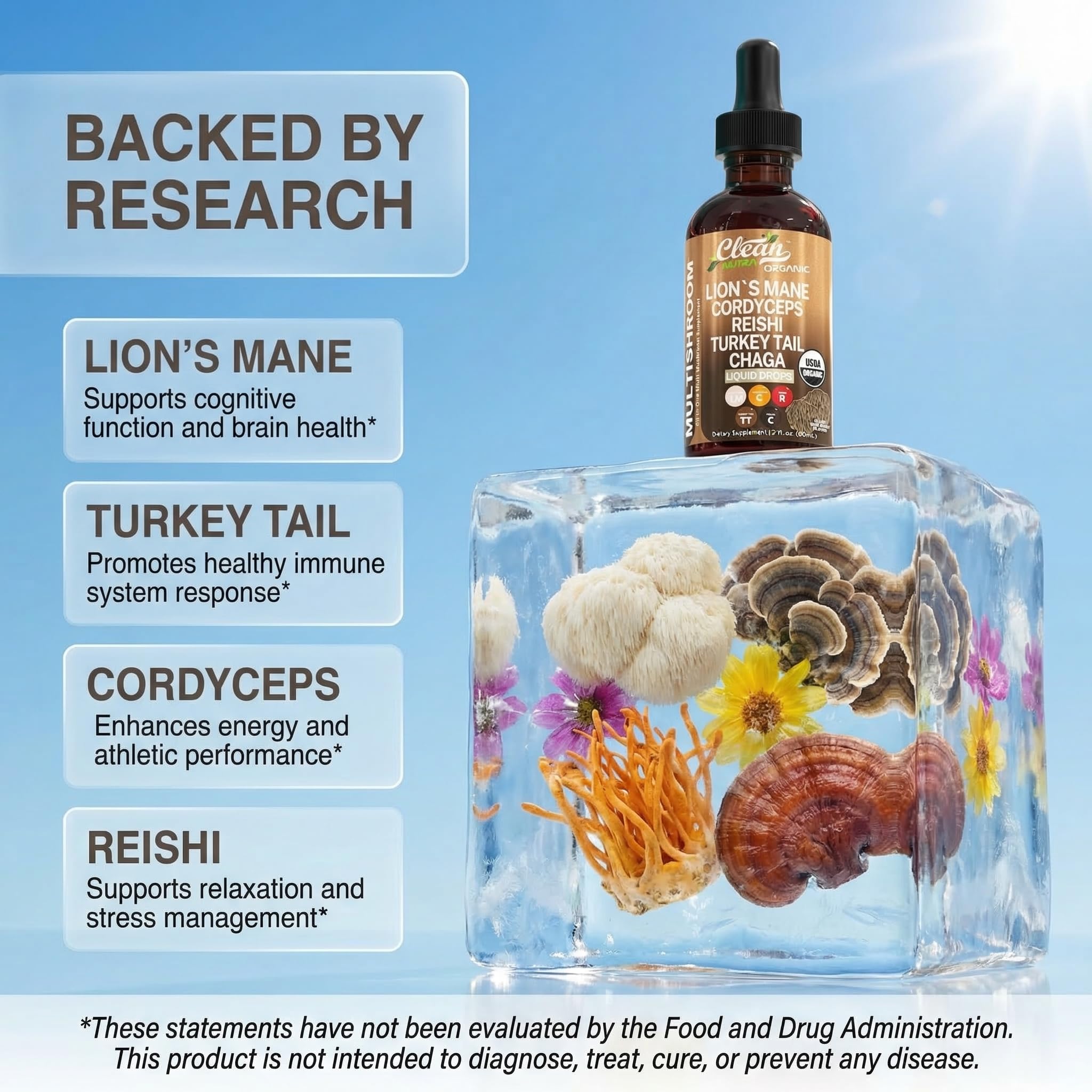 Clean Nutraceuticals Lions Mane Mushroom Liquid Drops side view