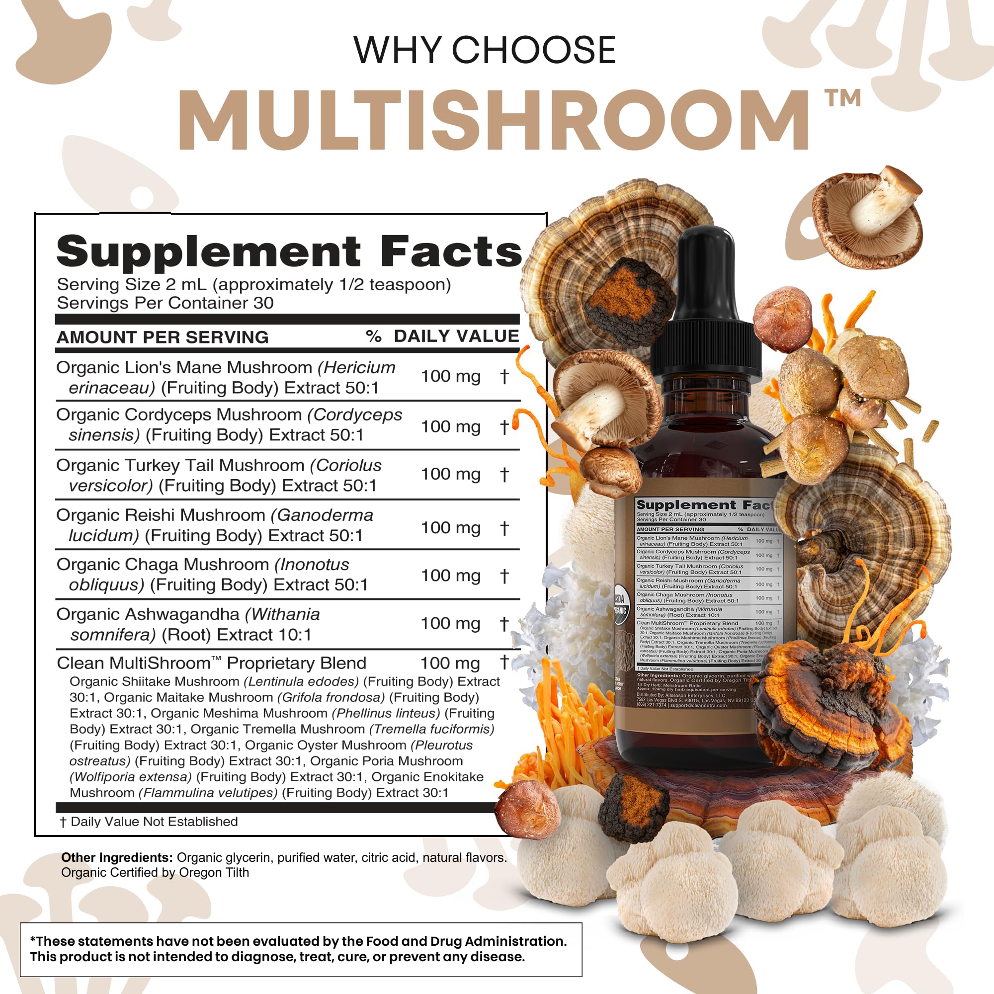 Clean Nutraceuticals Lions Mane Mushroom Liquid Drops with mushrooms