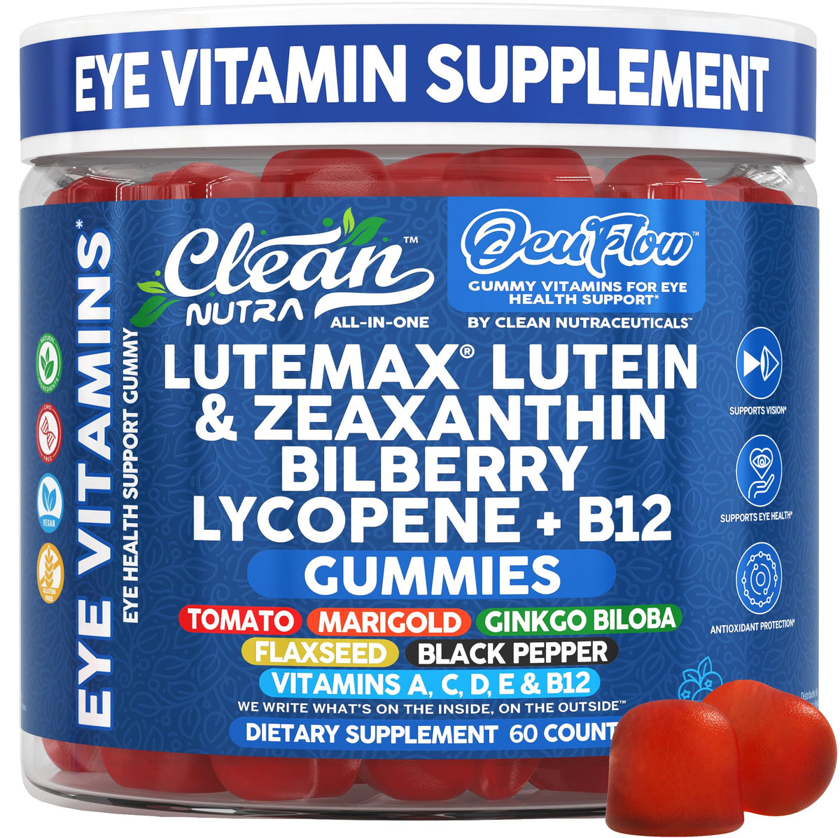 Clean Nutraceuticals Lutein Gummies 60 Count Blueberry Flavour front view