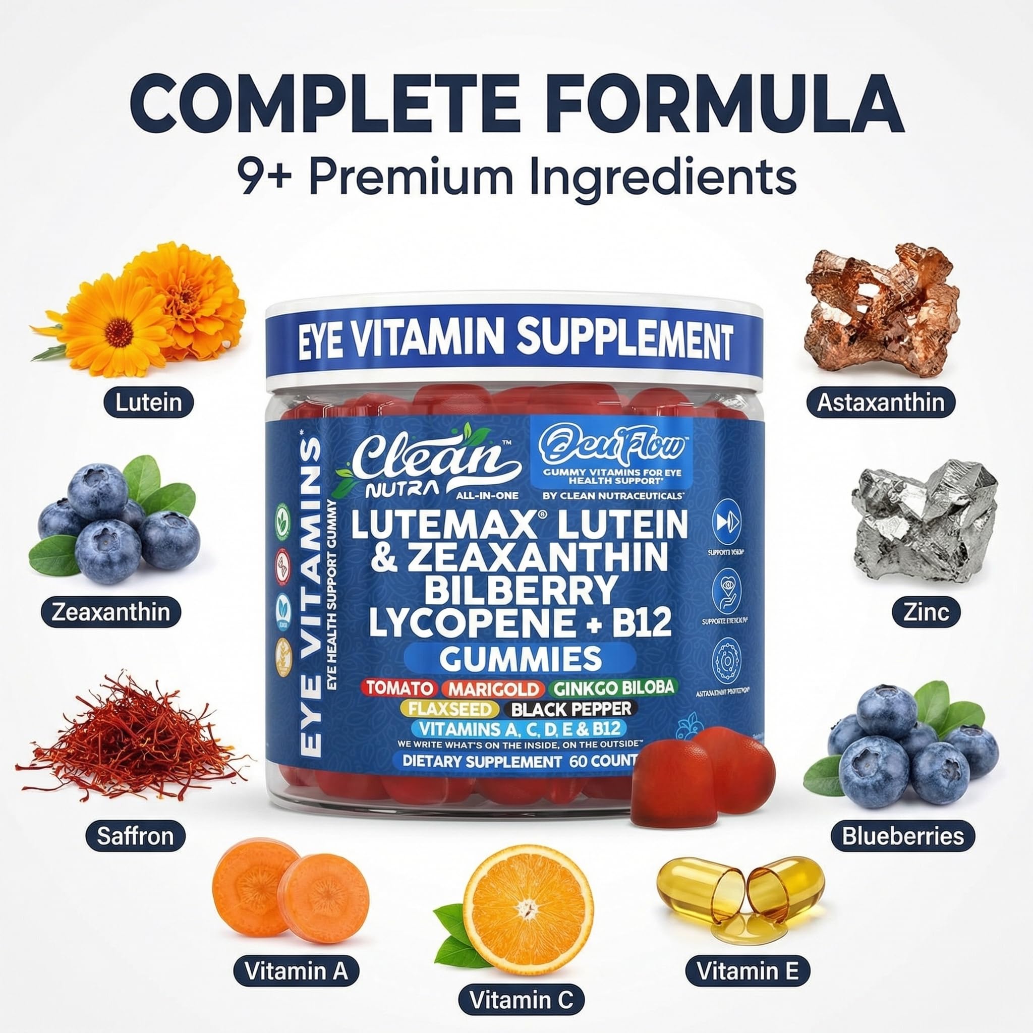 Clean Nutraceuticals Lutein Gummies on a wooden table