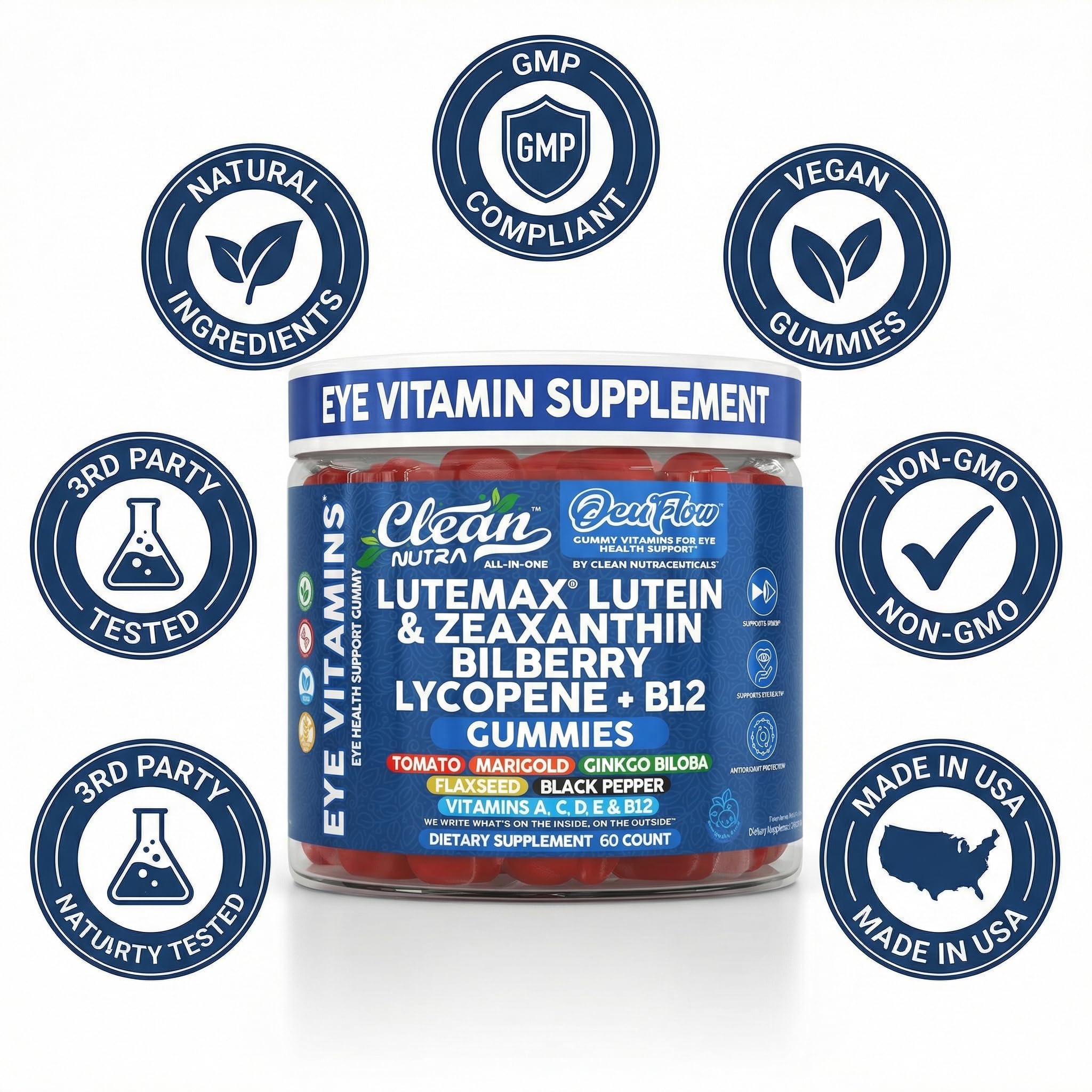 Clean Nutraceuticals Lutein Gummies with fresh blueberries