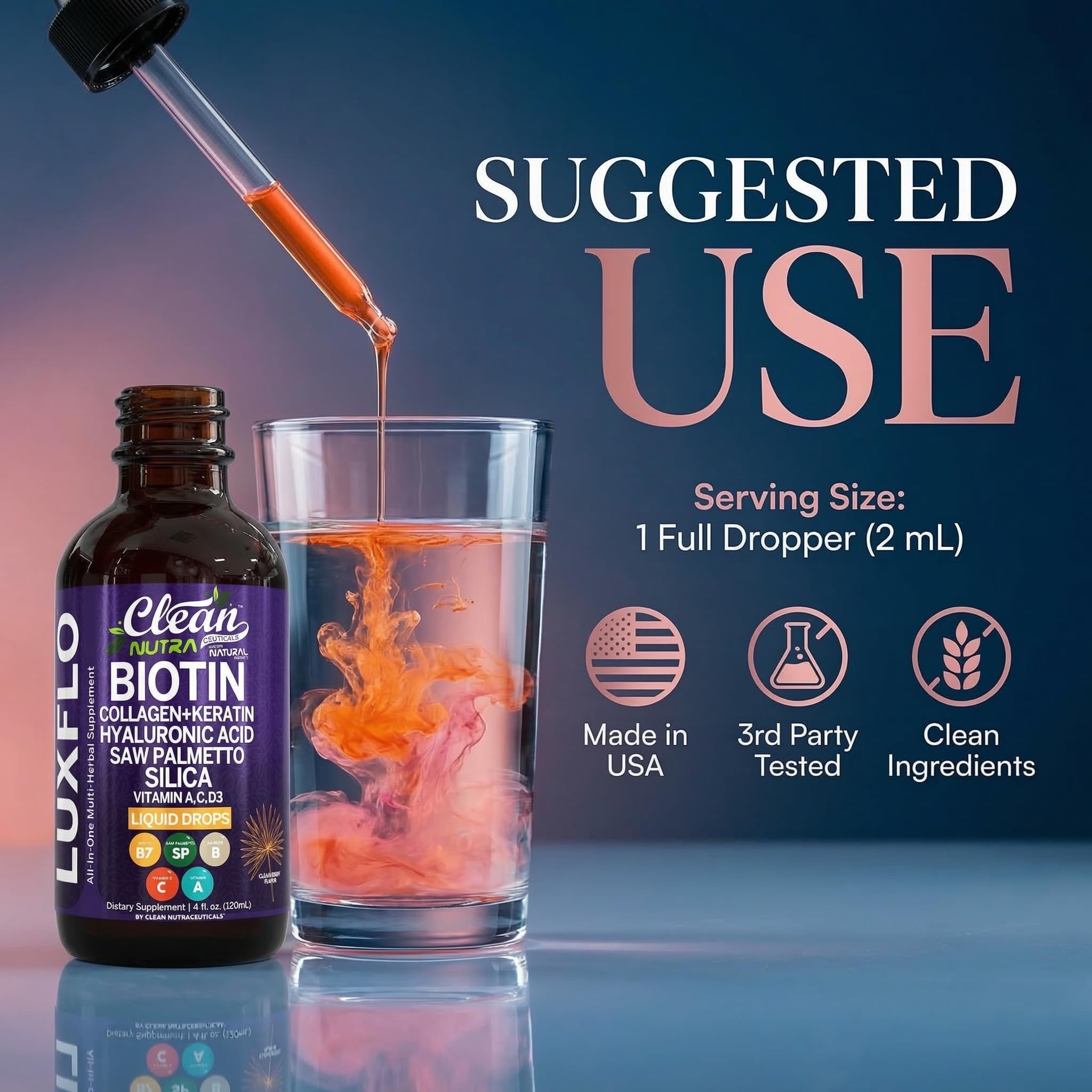 Clean Nutraceuticals LuxGlo Liquid Biotin Drops close-up