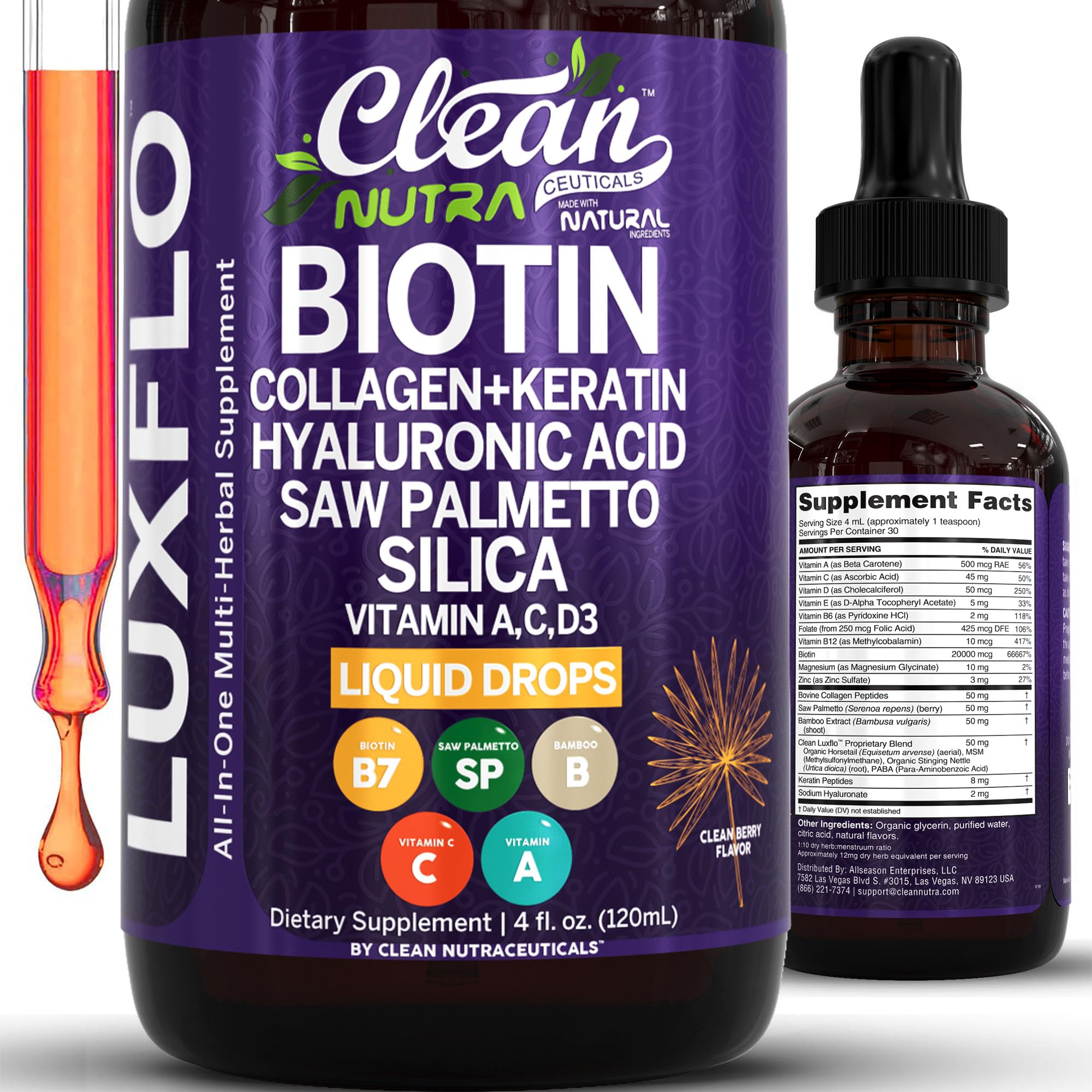 Clean Nutraceuticals LuxGlo Liquid Biotin Drops front view