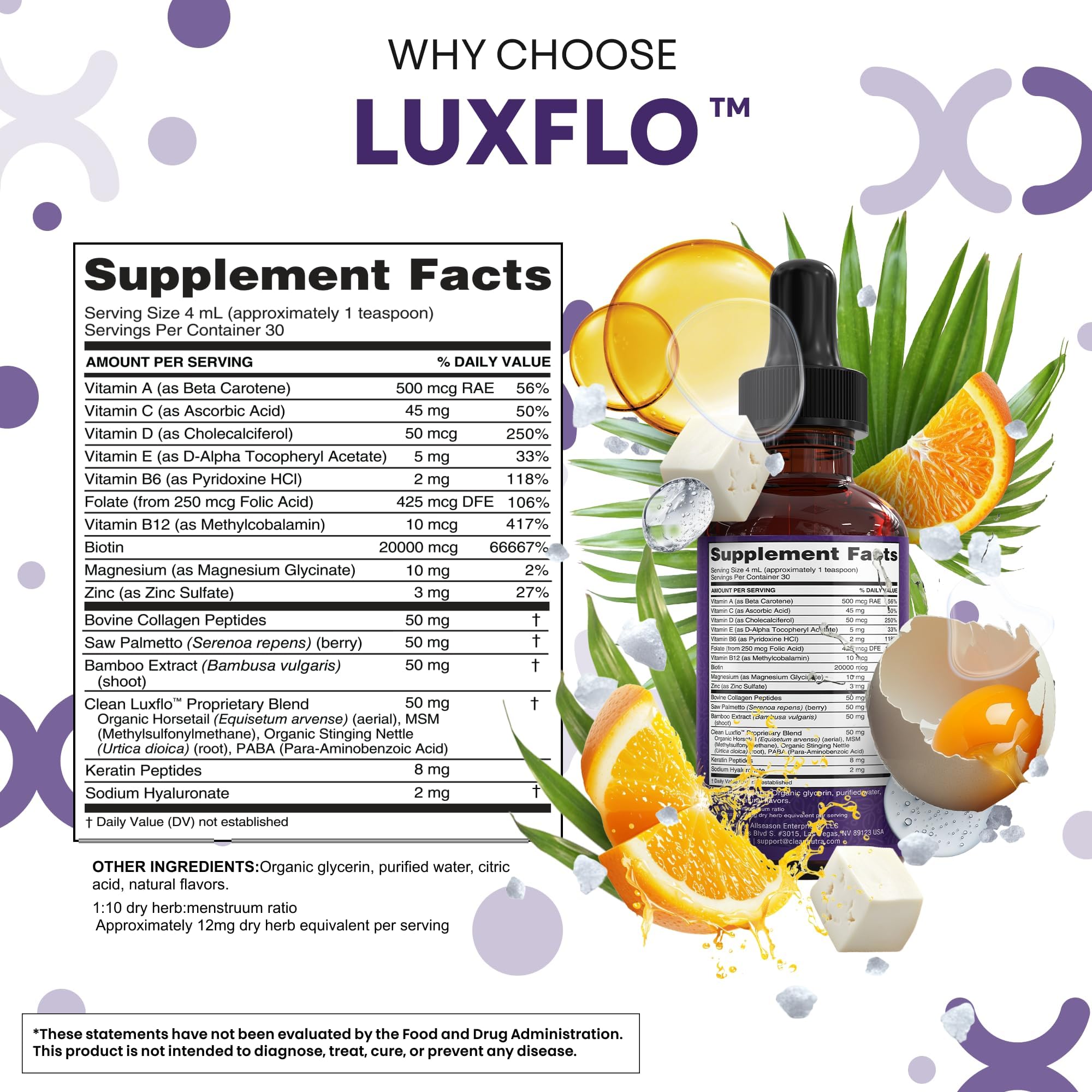 Clean Nutraceuticals LuxGlo Liquid Biotin Drops ingredients list