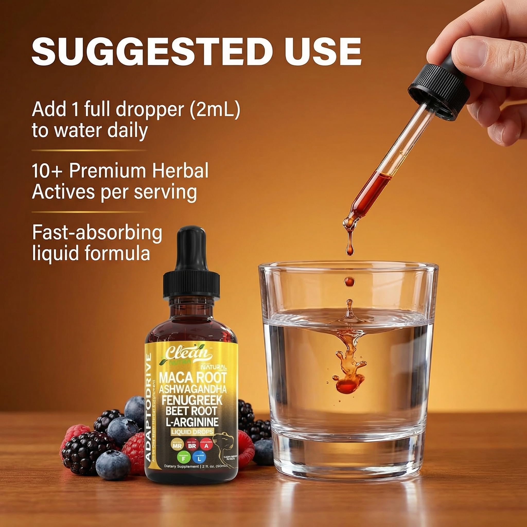 Clean Nutraceuticals Maca Root Drops 45g on a wooden table