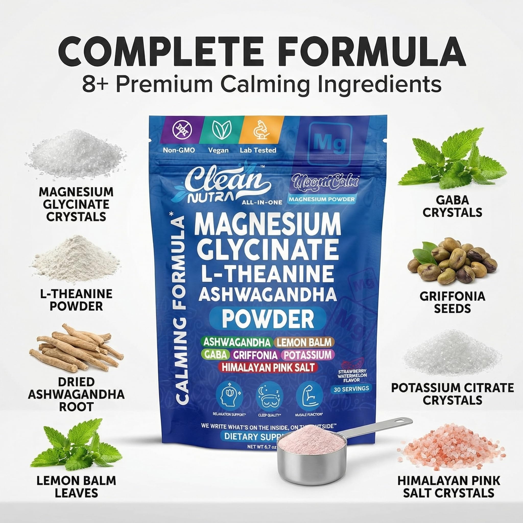 Clean Nutraceuticals Magnesium Glycinate Powder 200g strawberry watermelon flavour