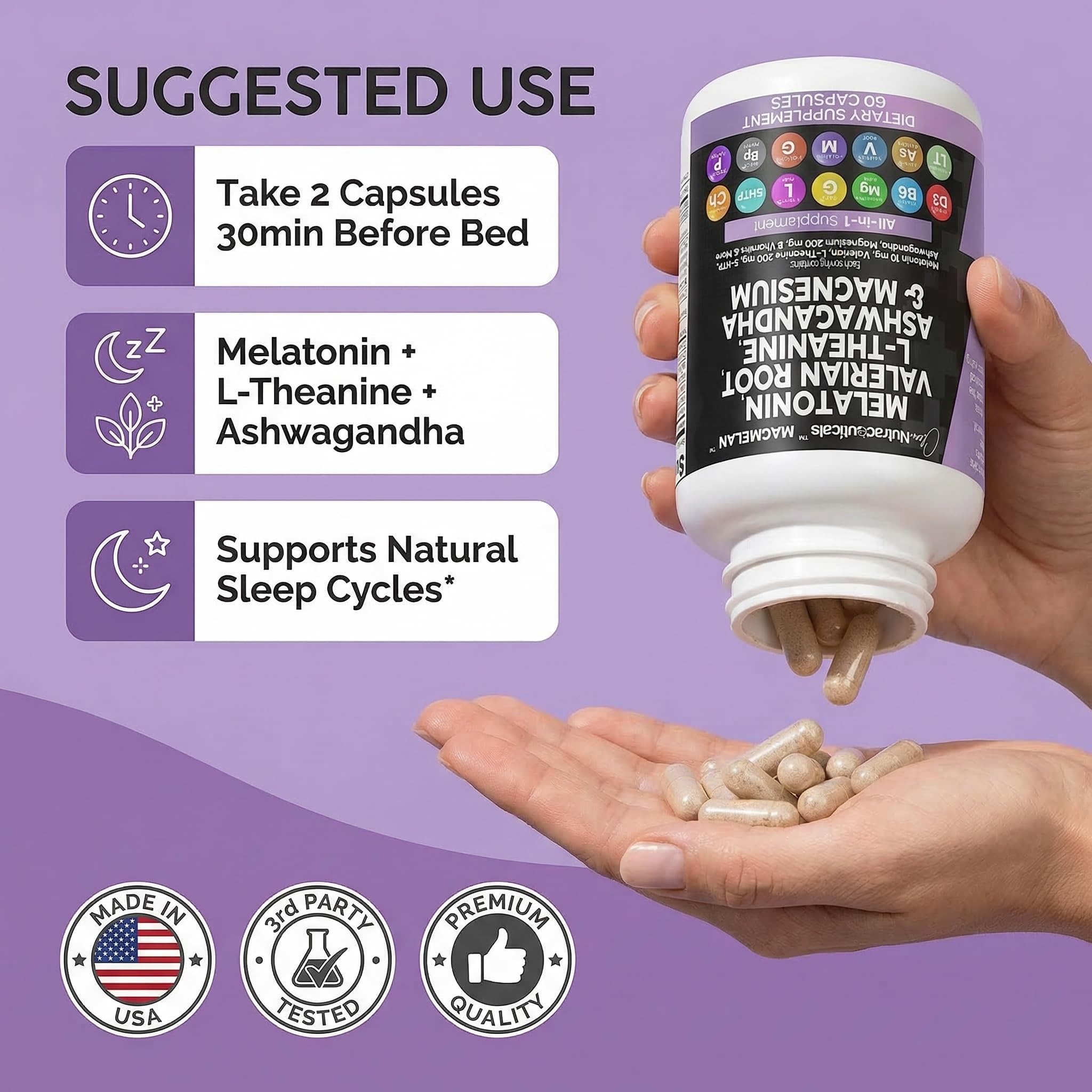 Clean Nutraceuticals Melatonin 10mg Valerian Root Capsules on a wooden table