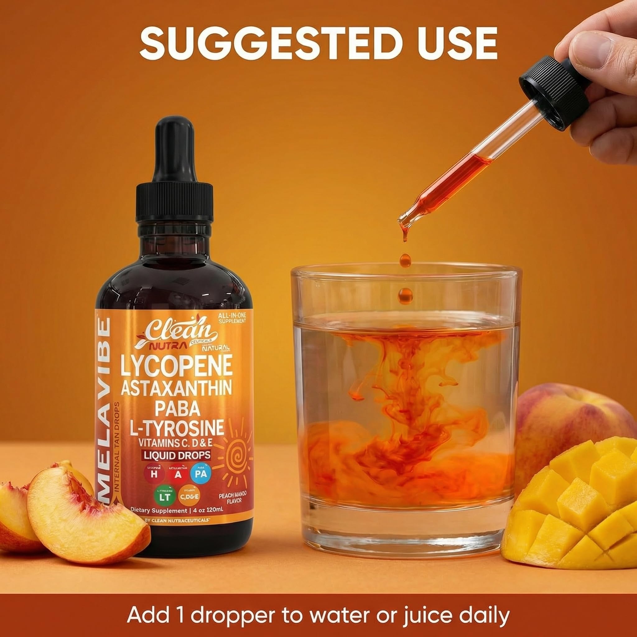 Clean Nutraceuticals MelaVibe Internal Tanning Drops bottle on a kitchen counter