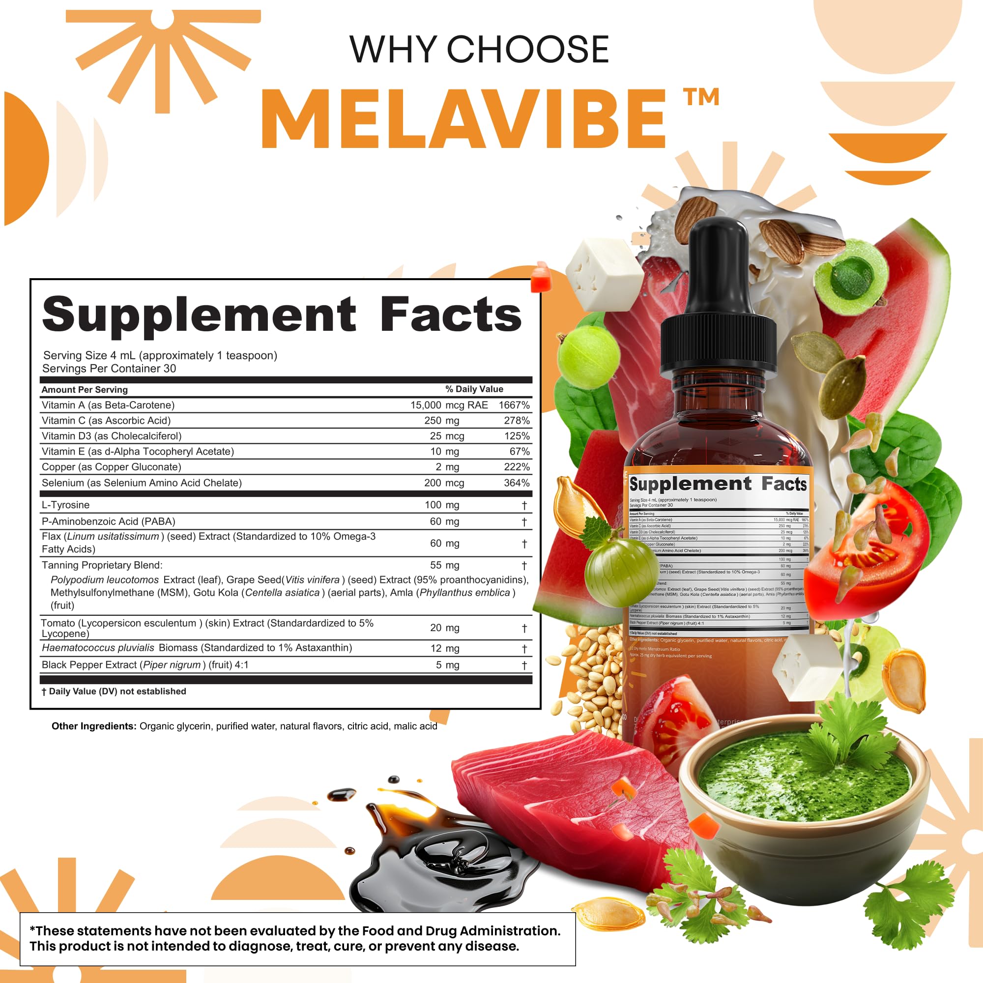 Clean Nutraceuticals MelaVibe Internal Tanning Drops in a glass of juice