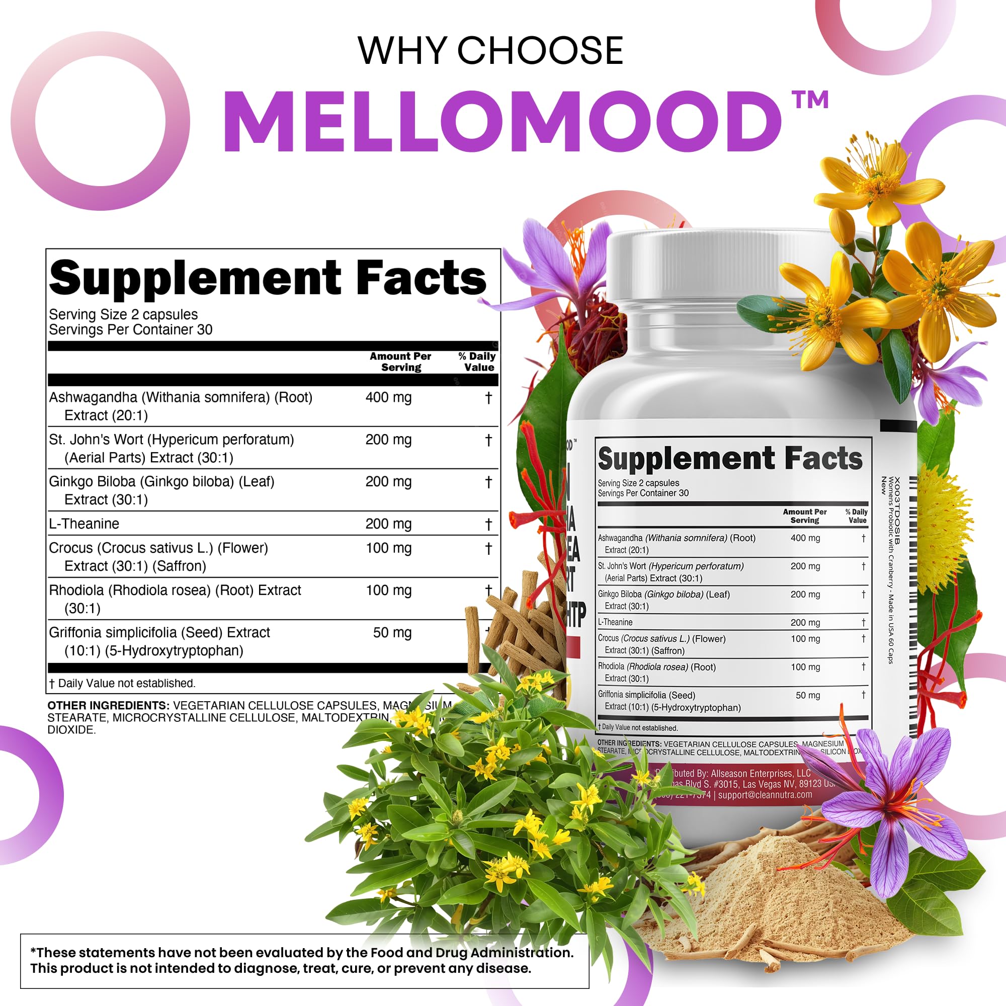 Clean Nutraceuticals Mellomood Saffron Supplement bottle with measuring spoon
