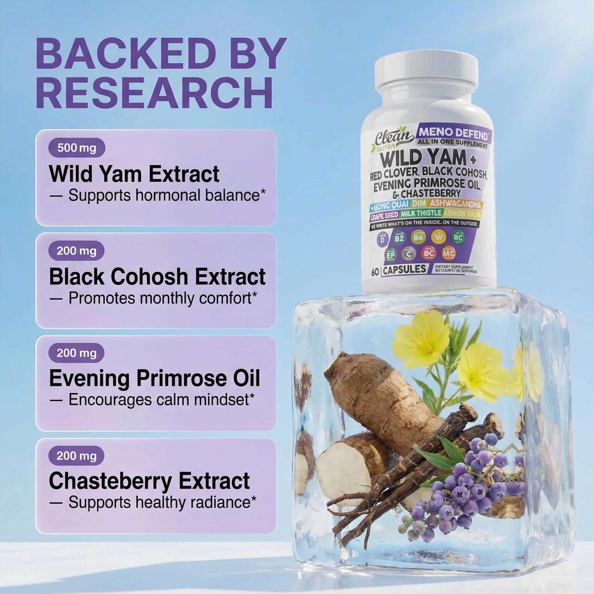 Clean Nutraceuticals Meno Defend Black Cohosh Supplement capsules on a table