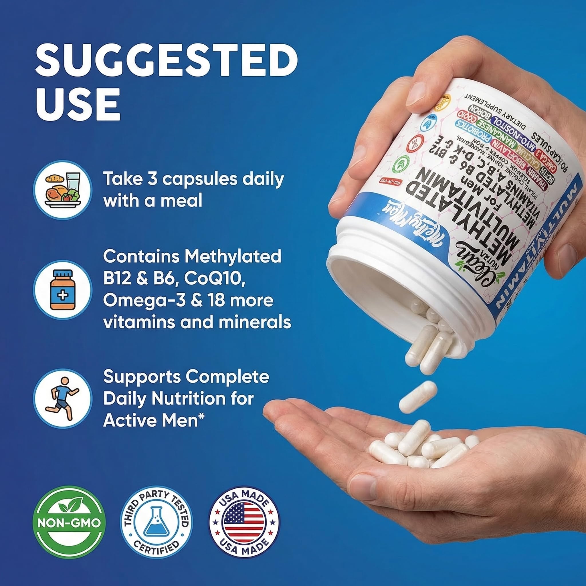 Clean Nutraceuticals MethylMan Men's Multivitamin capsules on a spoon