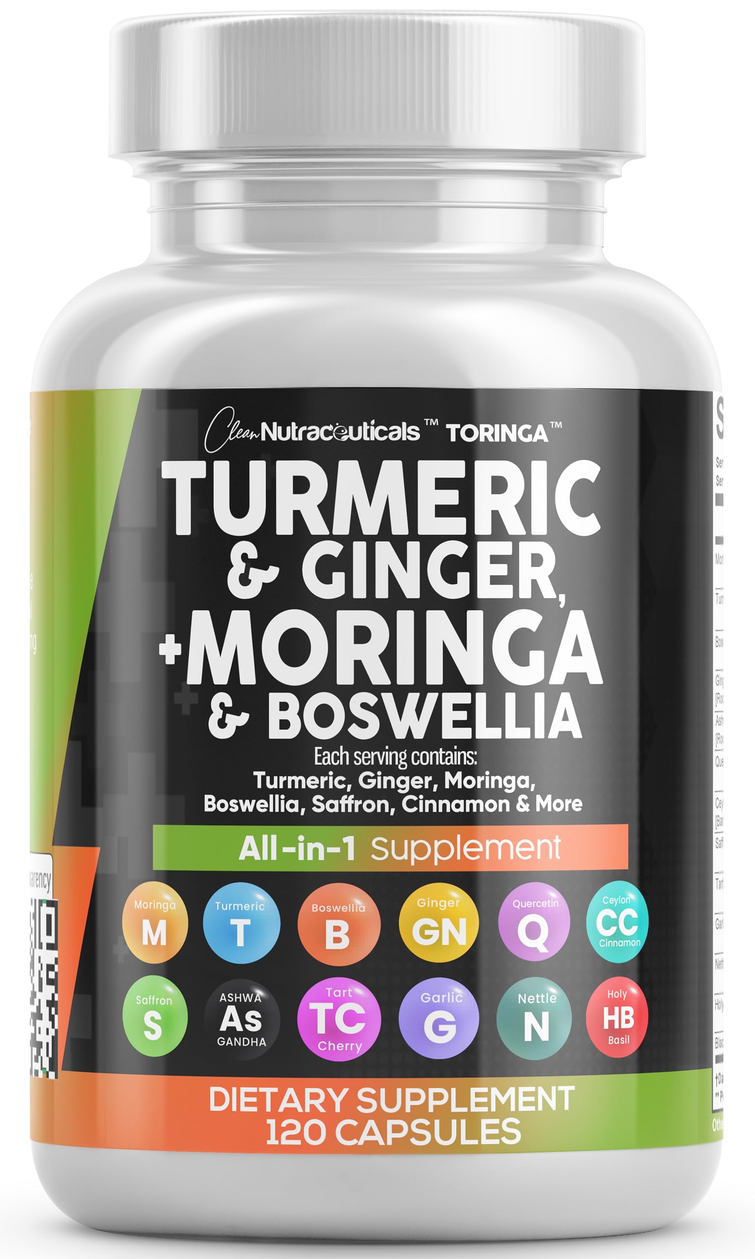 Clean Nutraceuticals Moringa + Turmeric Curcumin capsules front view