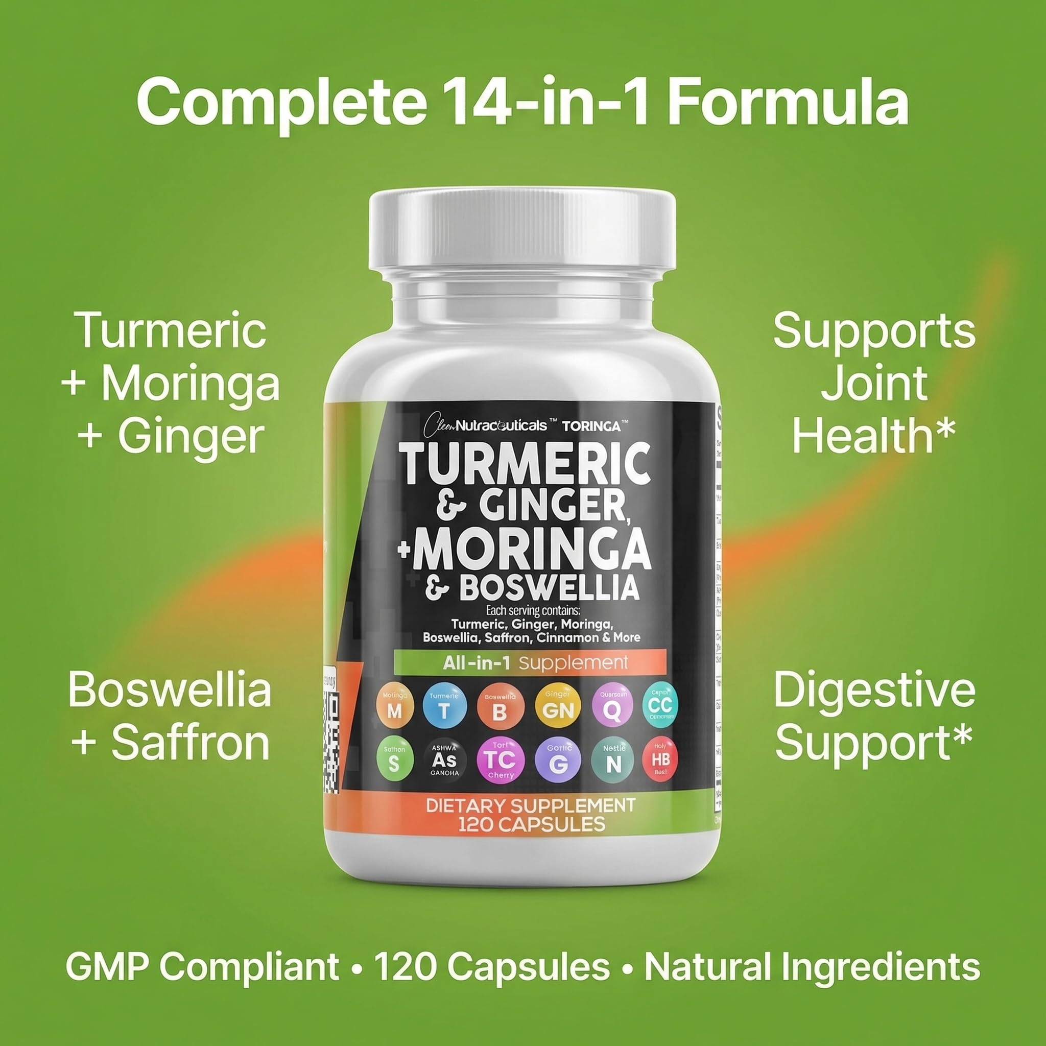 Clean Nutraceuticals Moringa + Turmeric Curcumin capsules opened bottle