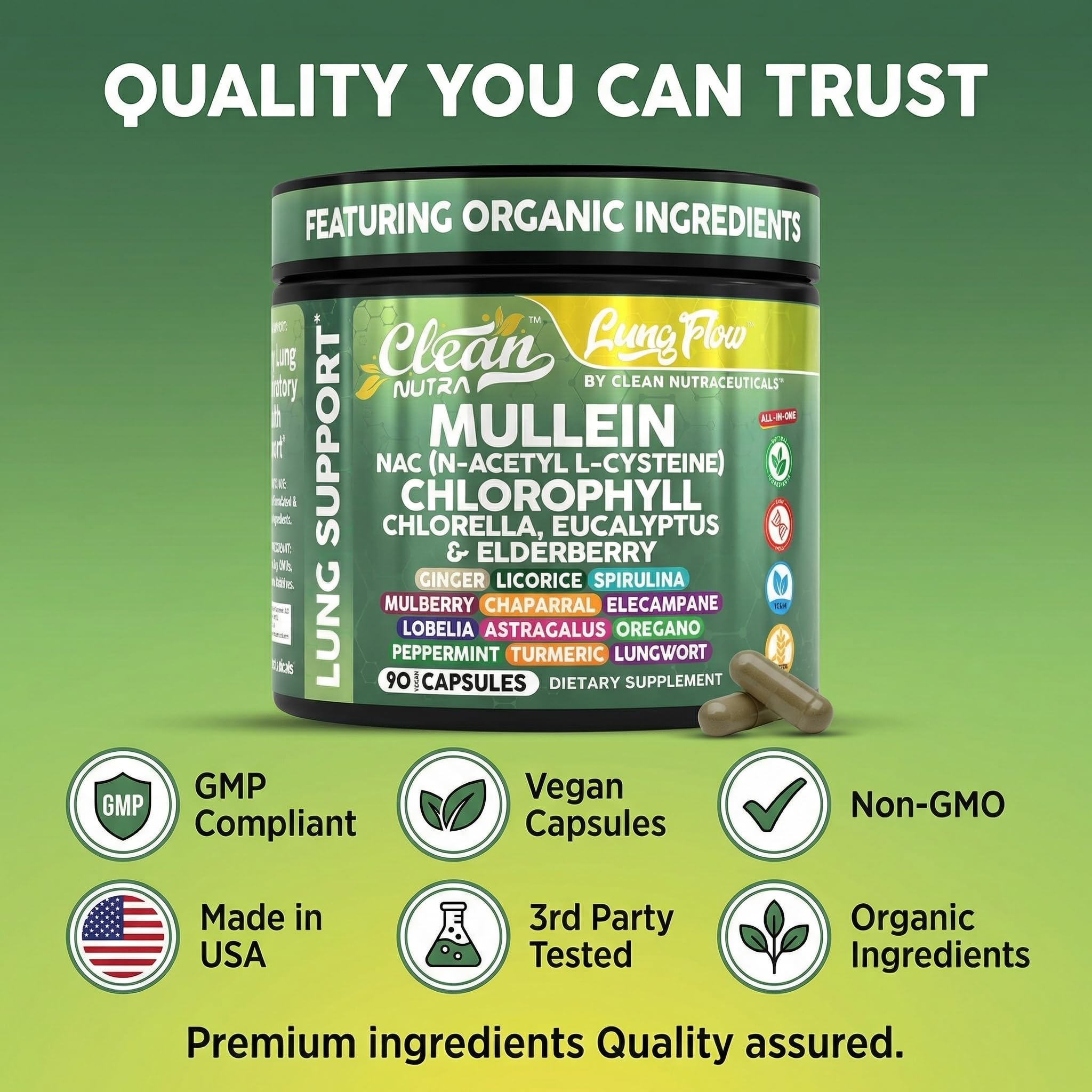 Clean Nutraceuticals Mullein Supplement capsules in a travel pouch