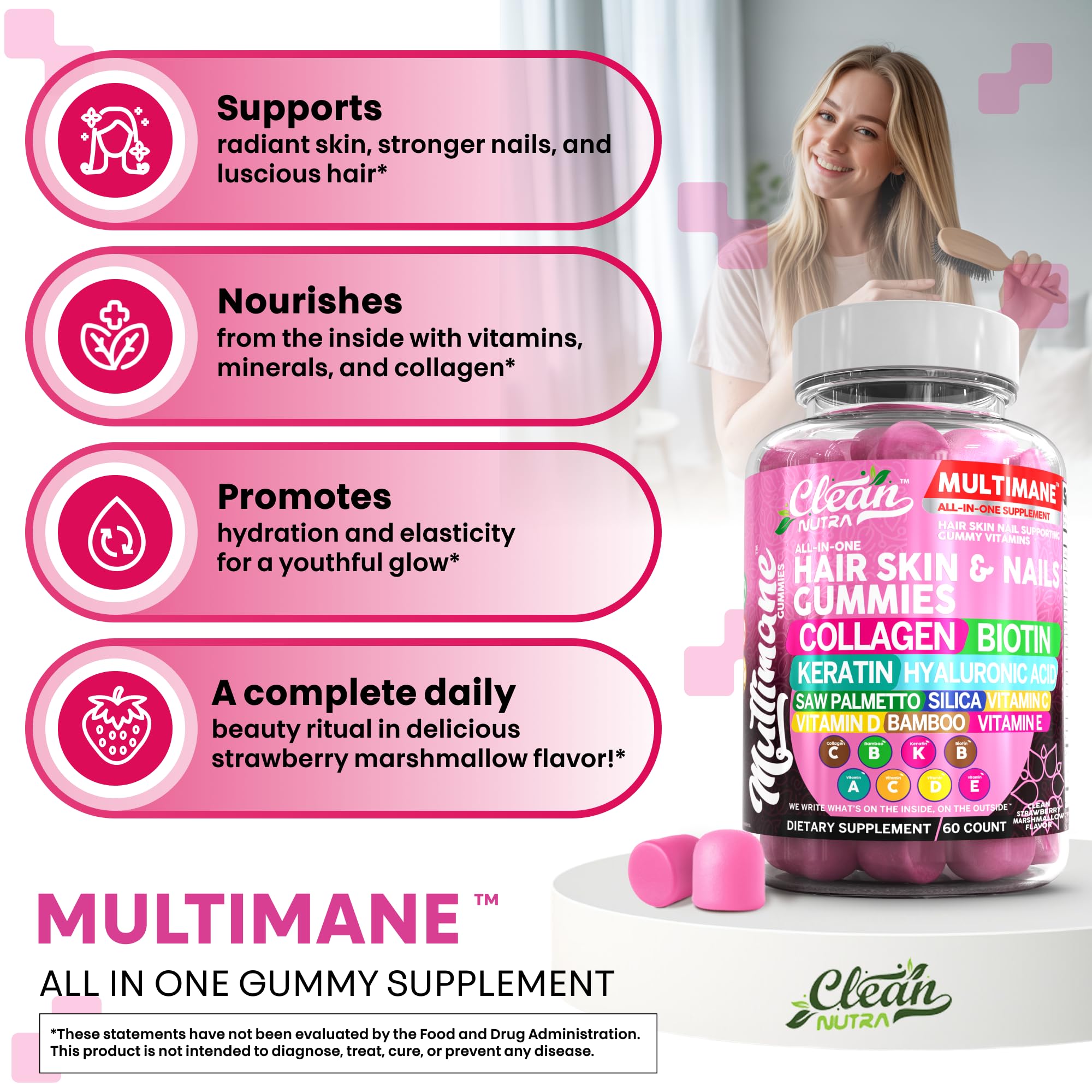 Clean Nutraceuticals Multimane Gummy Vitamins displayed with fresh strawberries
