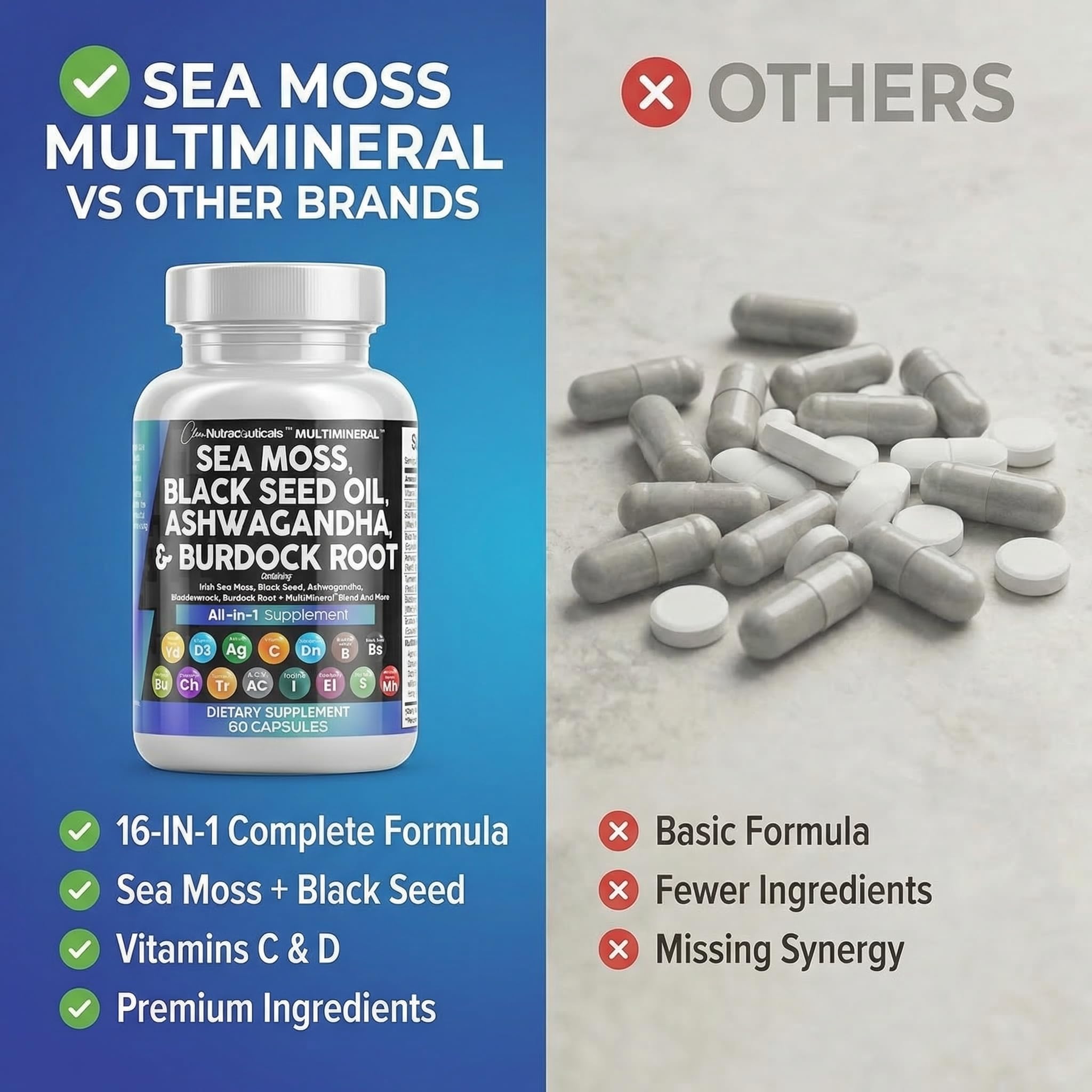 Clean Nutraceuticals MultiMineral Sea Moss Capsules open bottle