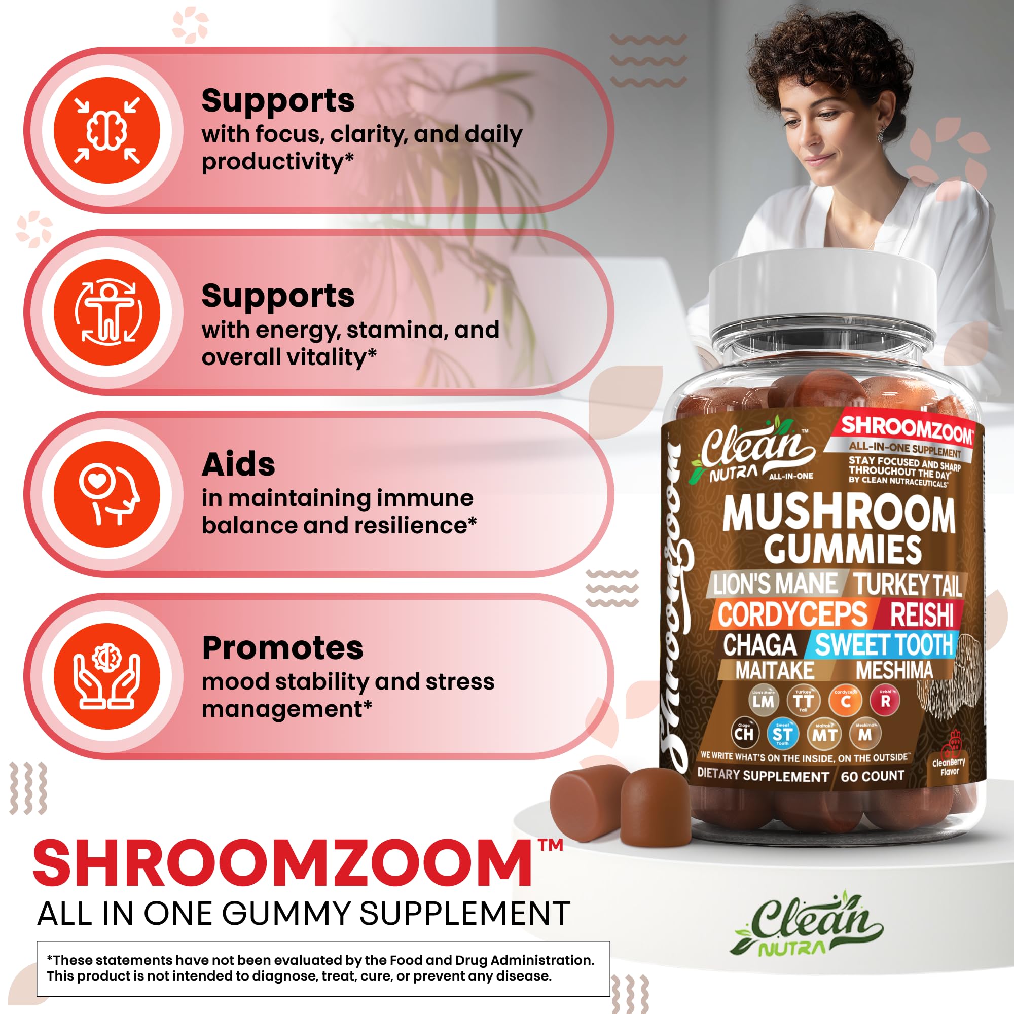 Clean Nutraceuticals Mushroom Gummies on a wooden table