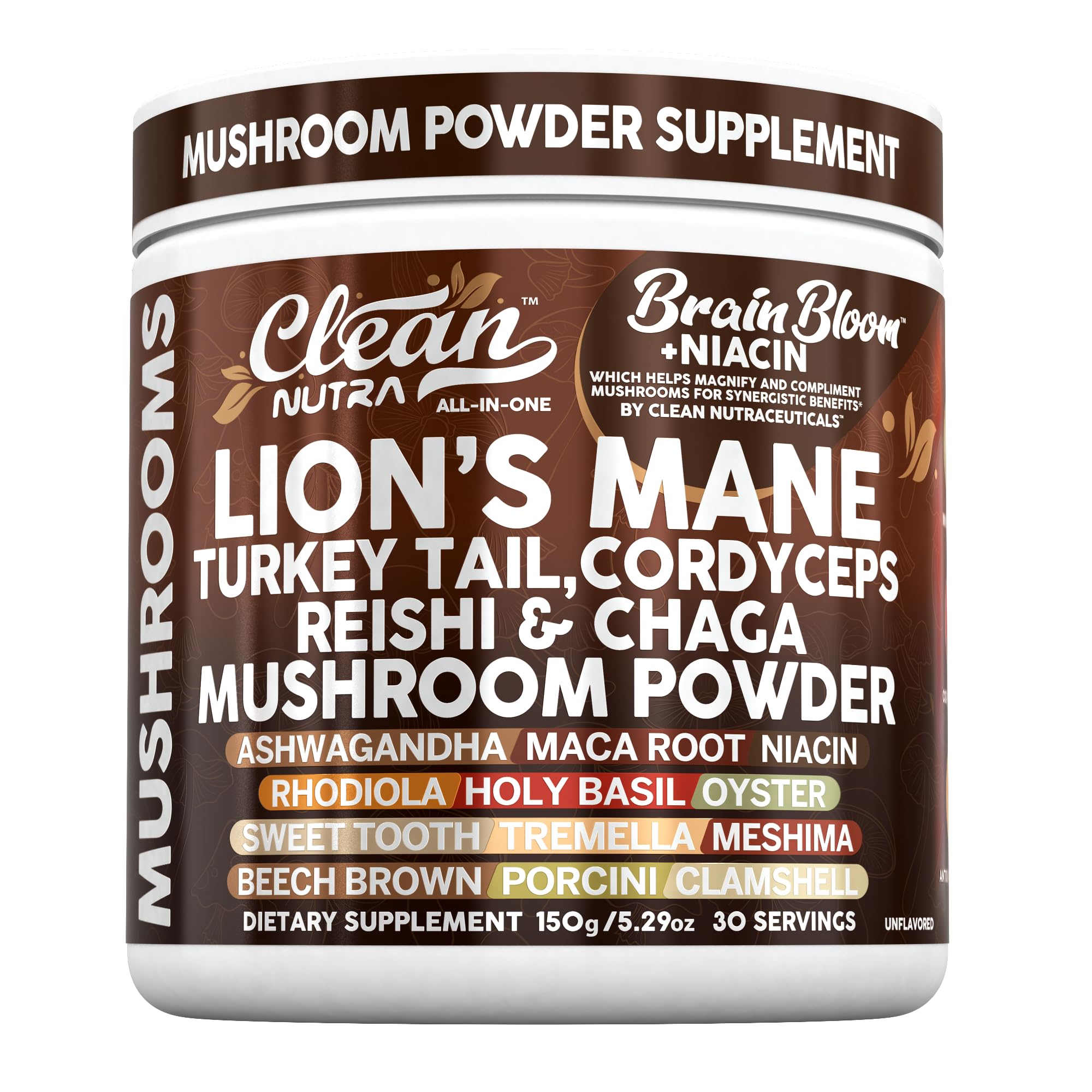 Clean Nutraceuticals Mushroom Powder Supplement 150g front view