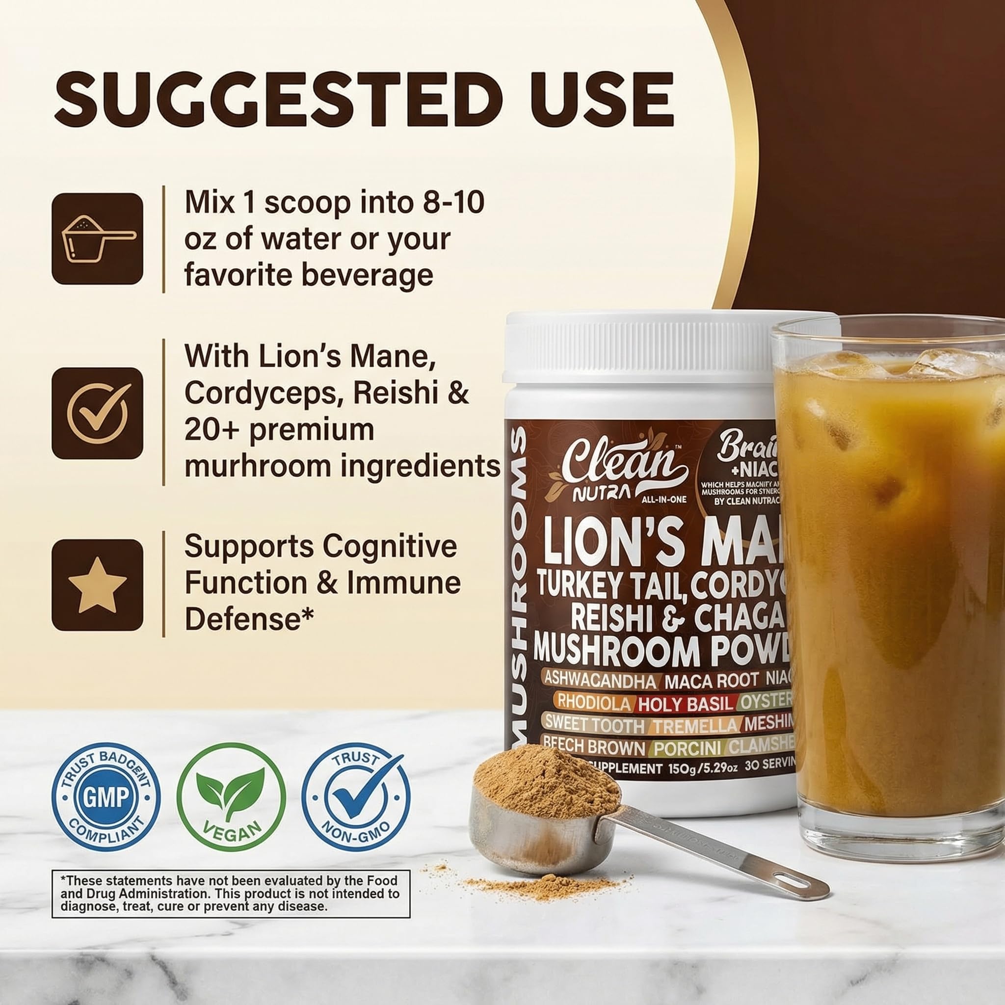 Clean Nutraceuticals Mushroom Powder Supplement 150g side view