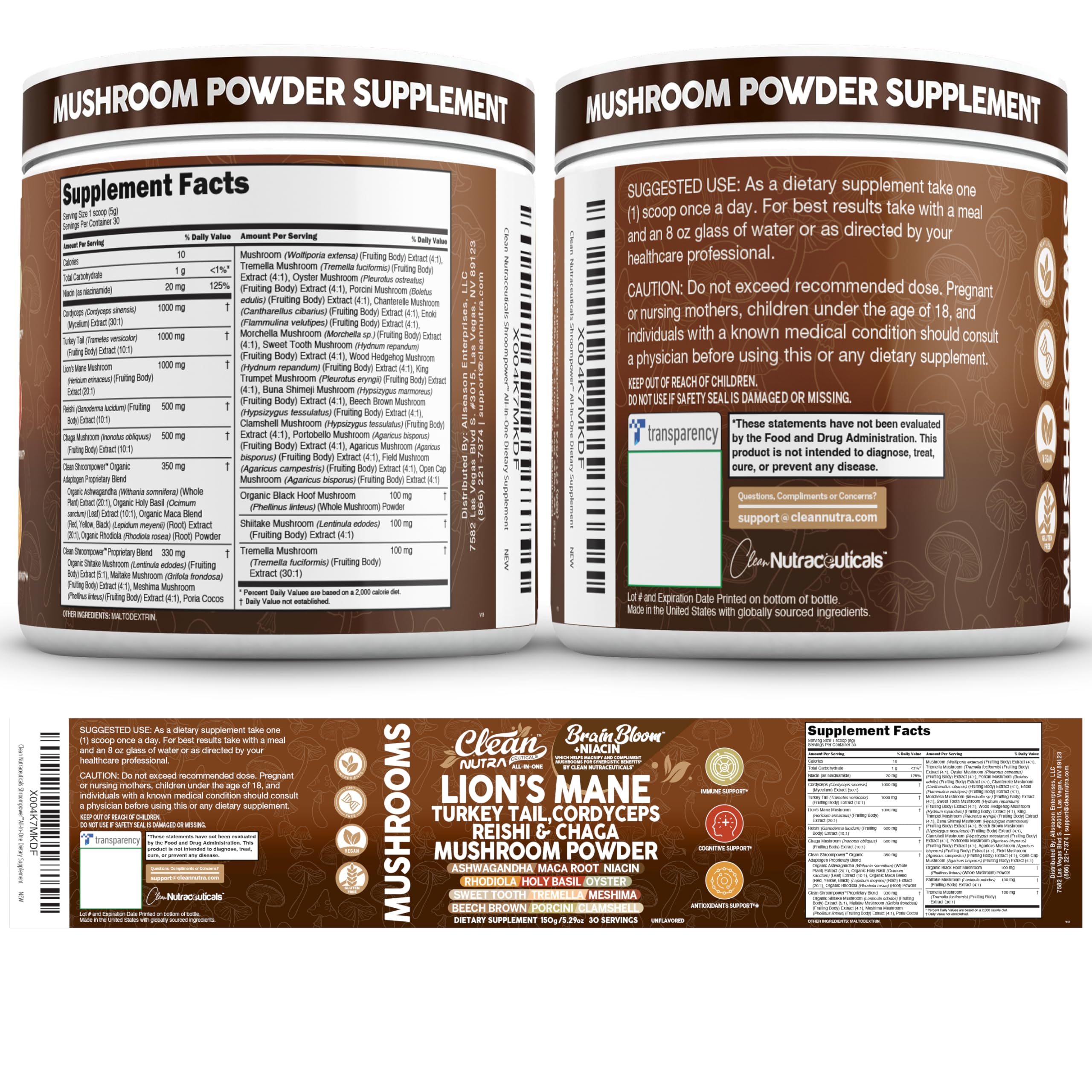 Clean Nutraceuticals Mushroom Powder Supplement ingredients list