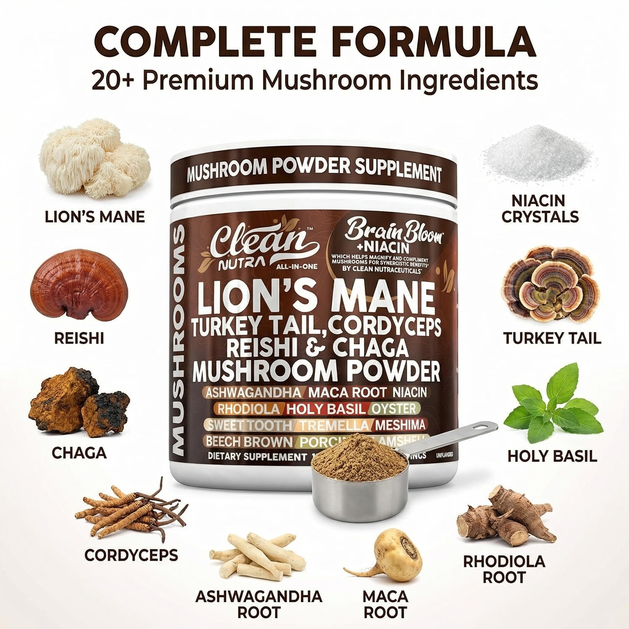 Clean Nutraceuticals Mushroom Powder Supplement mixed in a smoothie