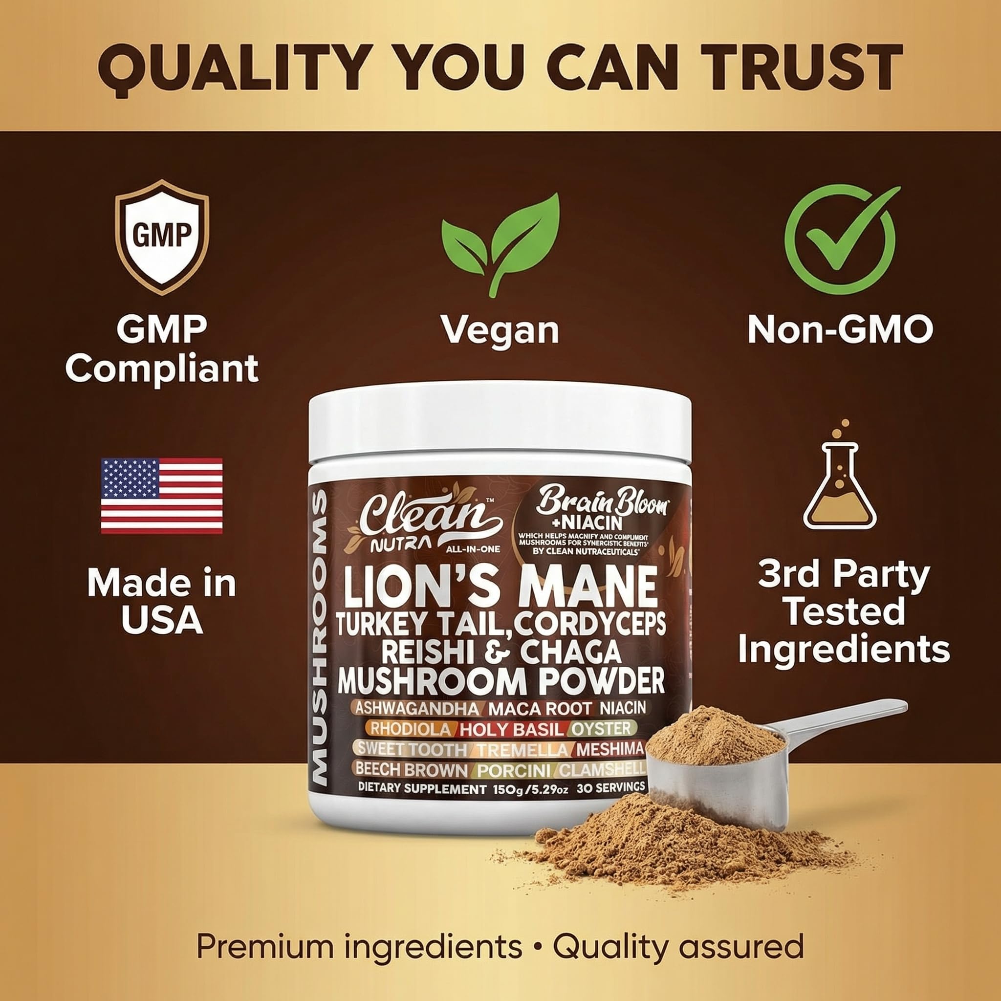 Clean Nutraceuticals Mushroom Powder Supplement on a kitchen counter