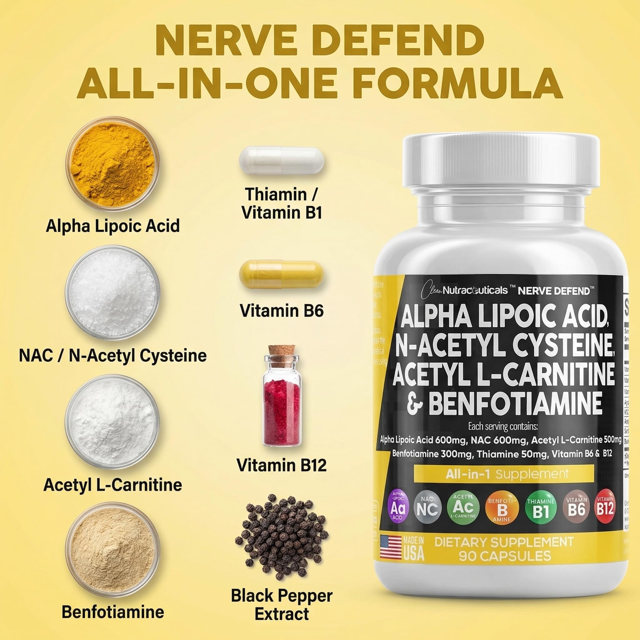 Clean Nutraceuticals Nerve Defend capsules on a wooden table