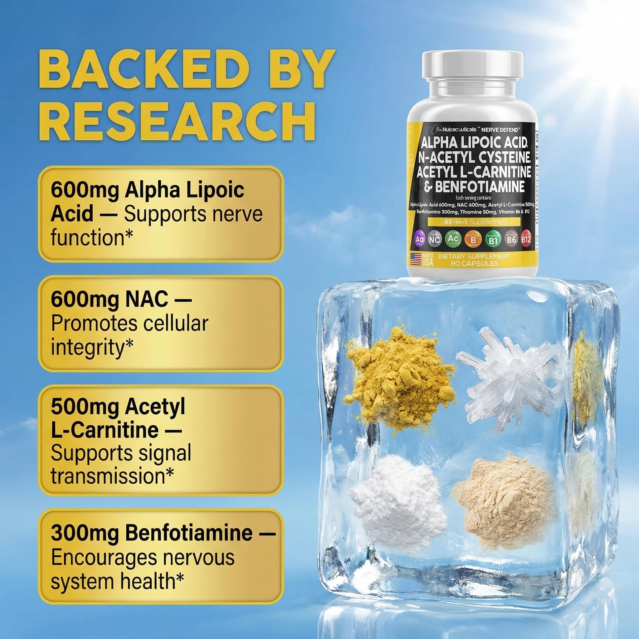 Clean Nutraceuticals Nerve Defend capsules with dosage information