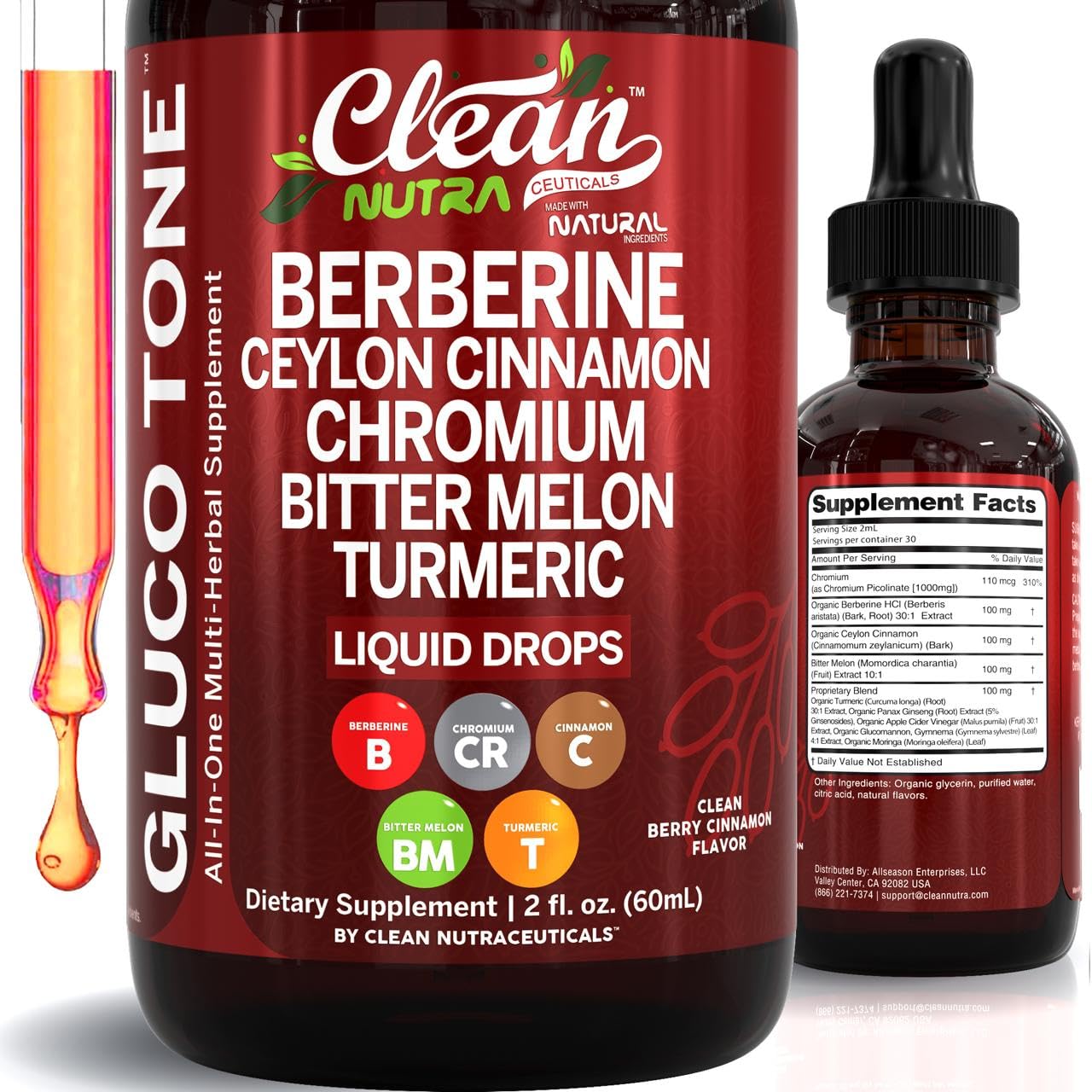 Clean Nutraceuticals Organic Berberine with Ceylon Cinnamon Drops front view
