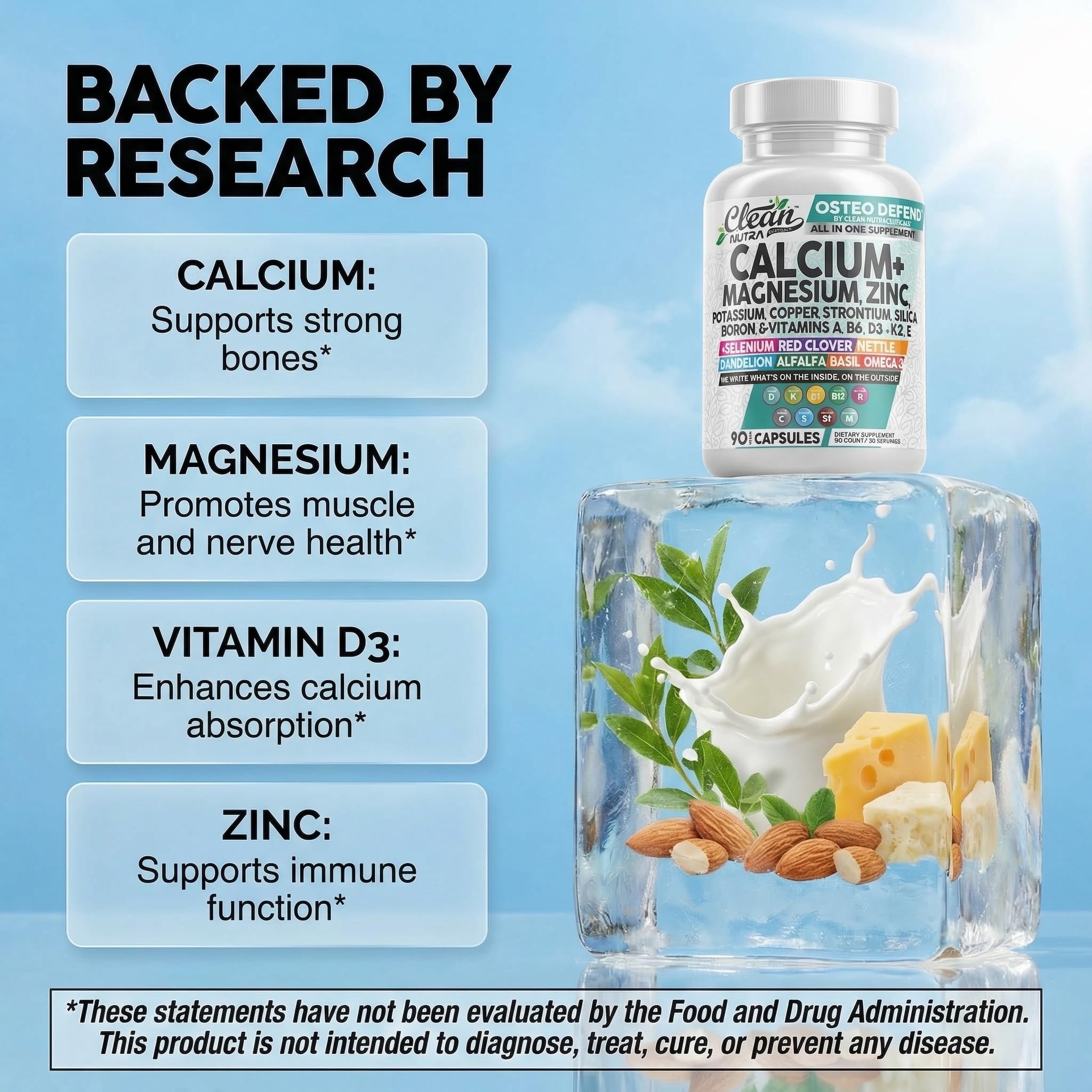 Clean Nutraceuticals Osteo Defend Calcium Supplement capsules on a wooden surface
