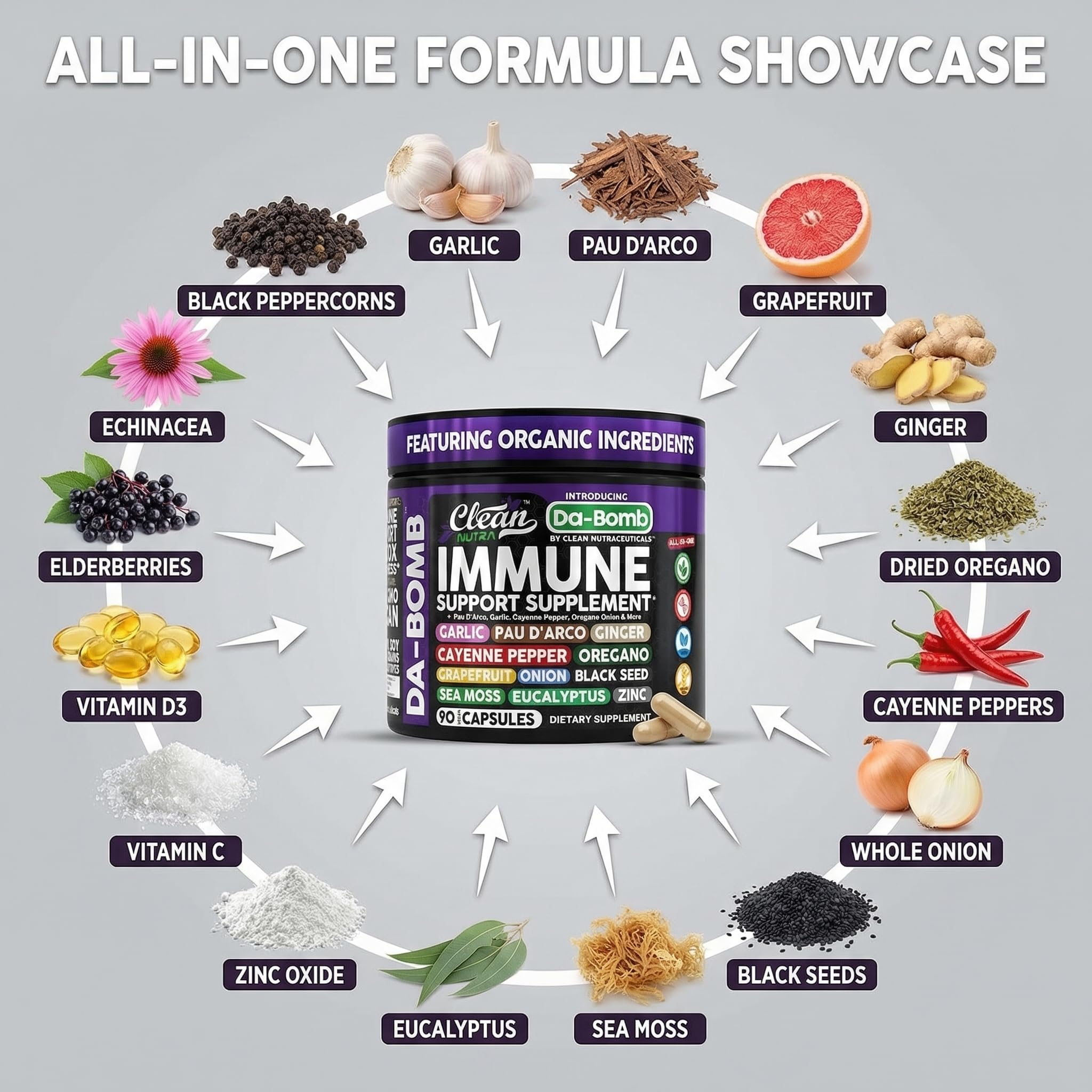 Clean Nutraceuticals Pau D' Arco Organic daily wellness Support Capsules with garlic powder