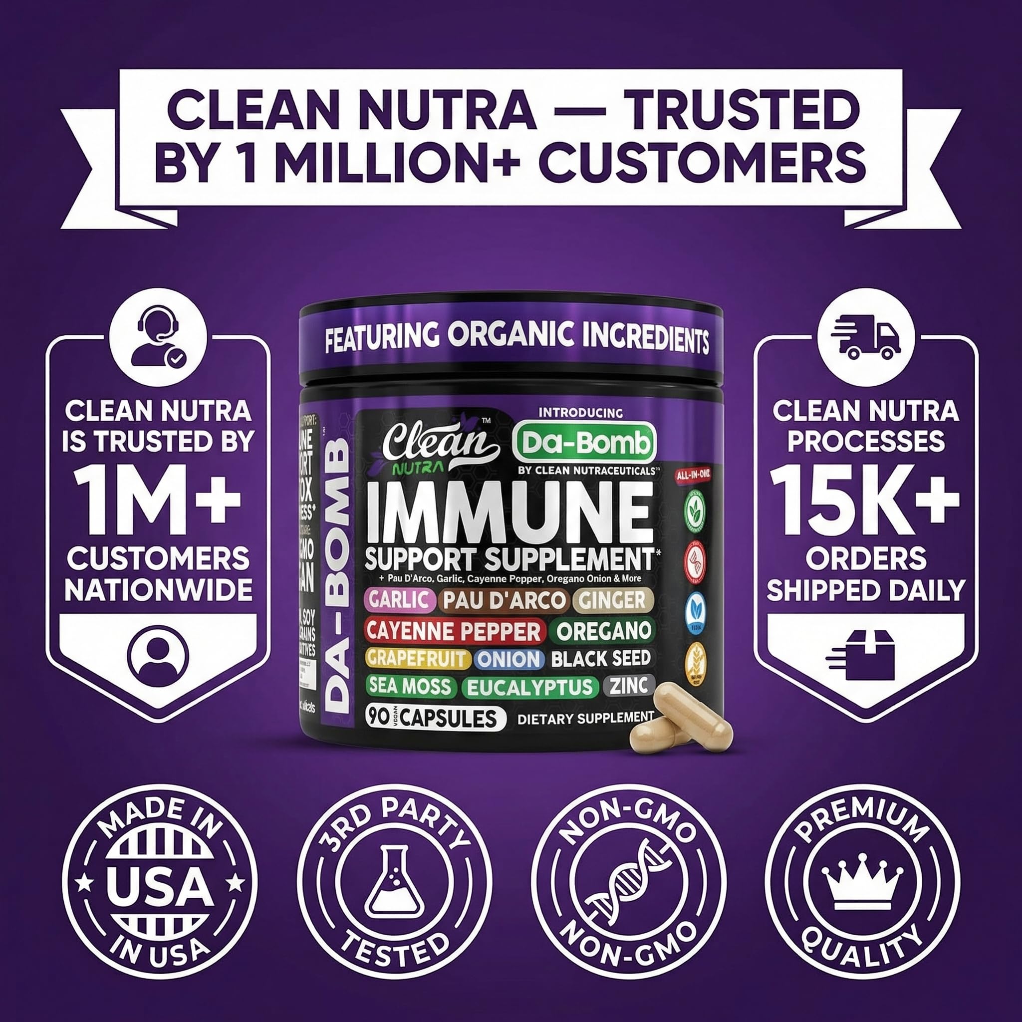 Clean Nutraceuticals Pau D' Arco Organic daily wellness Support Capsules with black seed oil