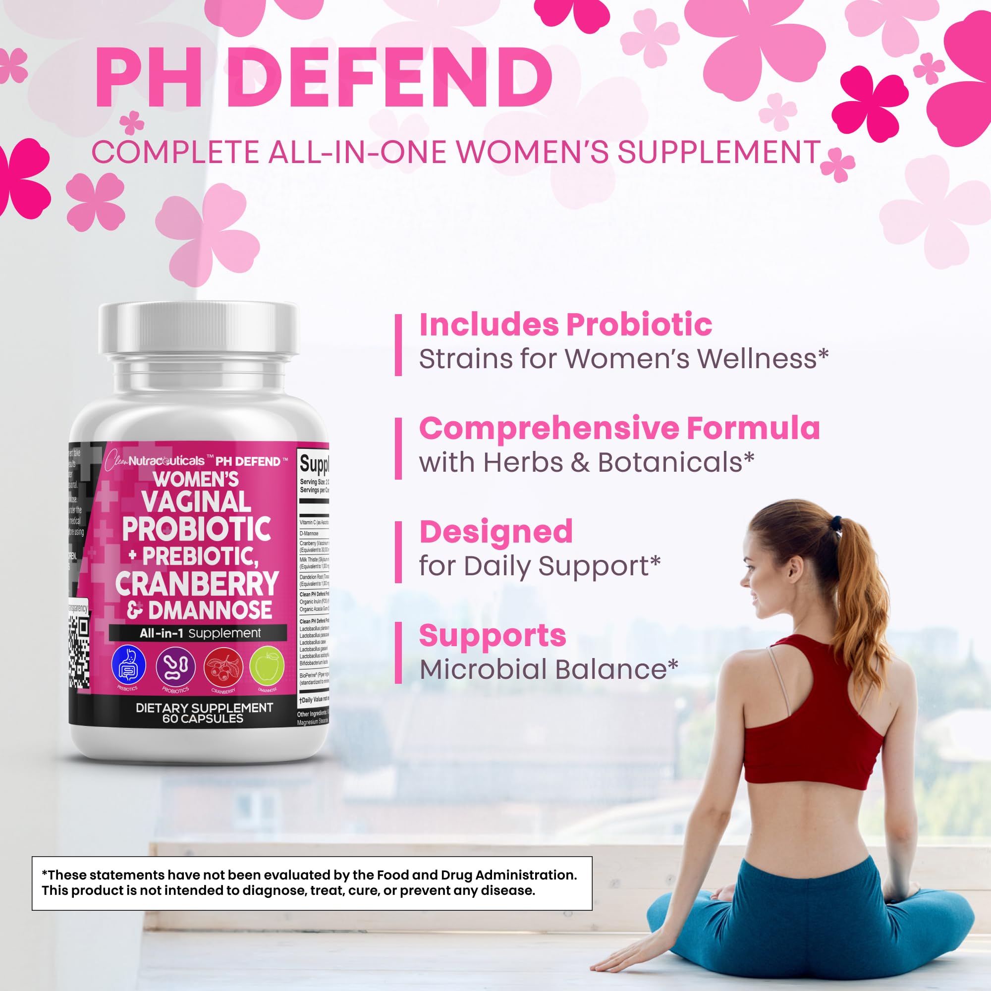 Clean Nutraceuticals pH Defend Women's Health Formula on a wooden table