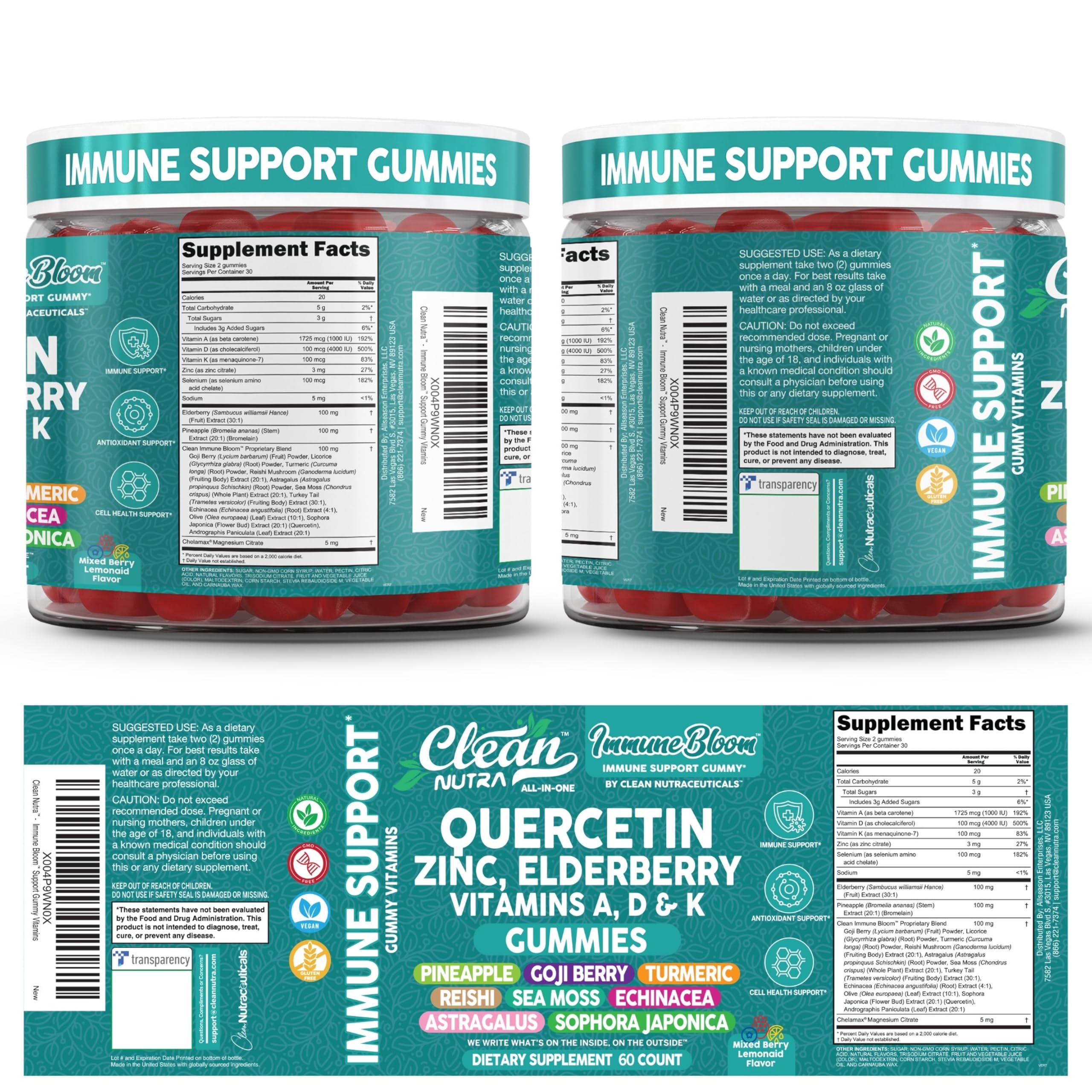 Clean Nutraceuticals Quercetin Gummies back view with ingredient list