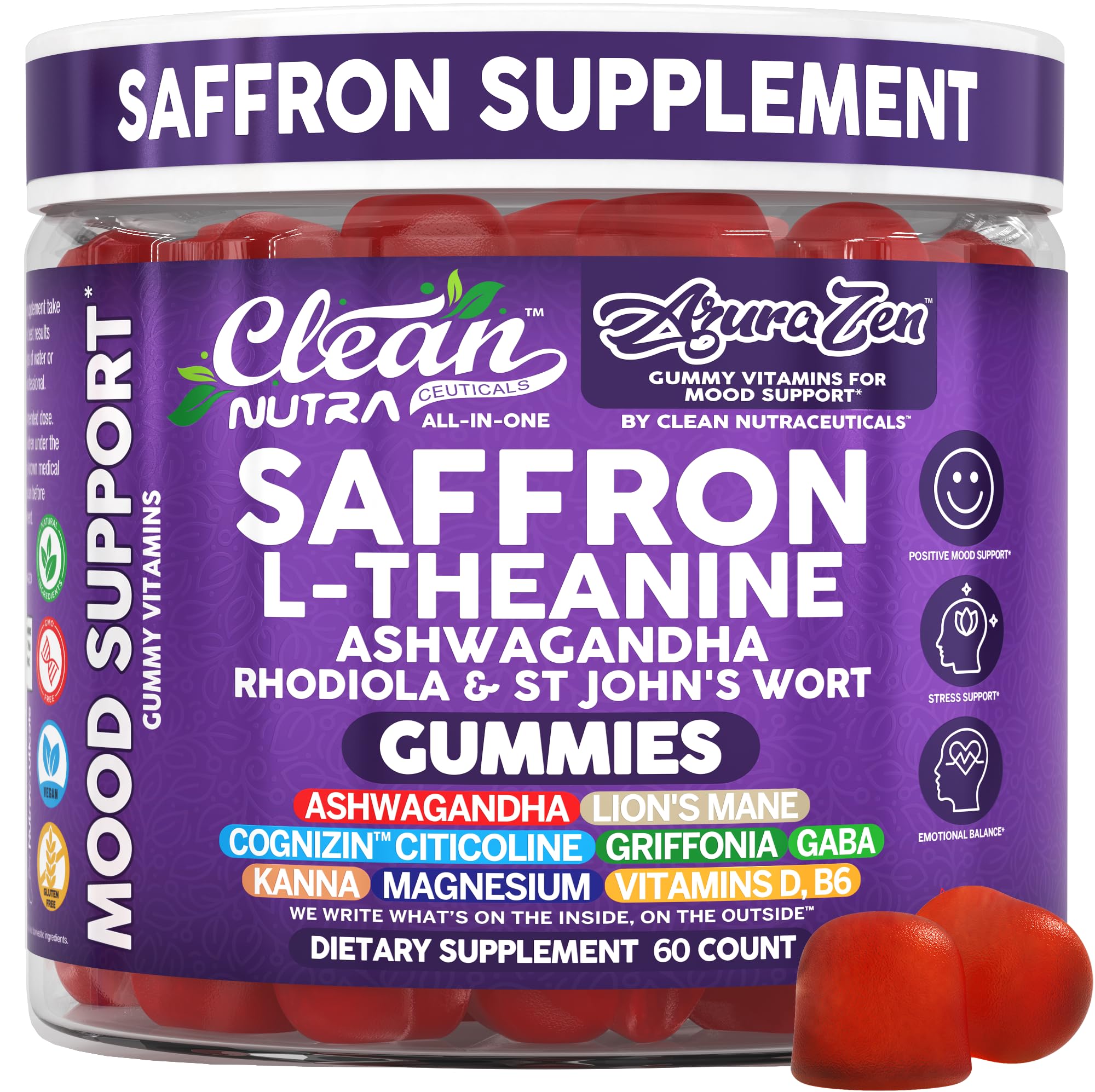 Clean Nutraceuticals Saffron Blend Mood Support Gummies front view