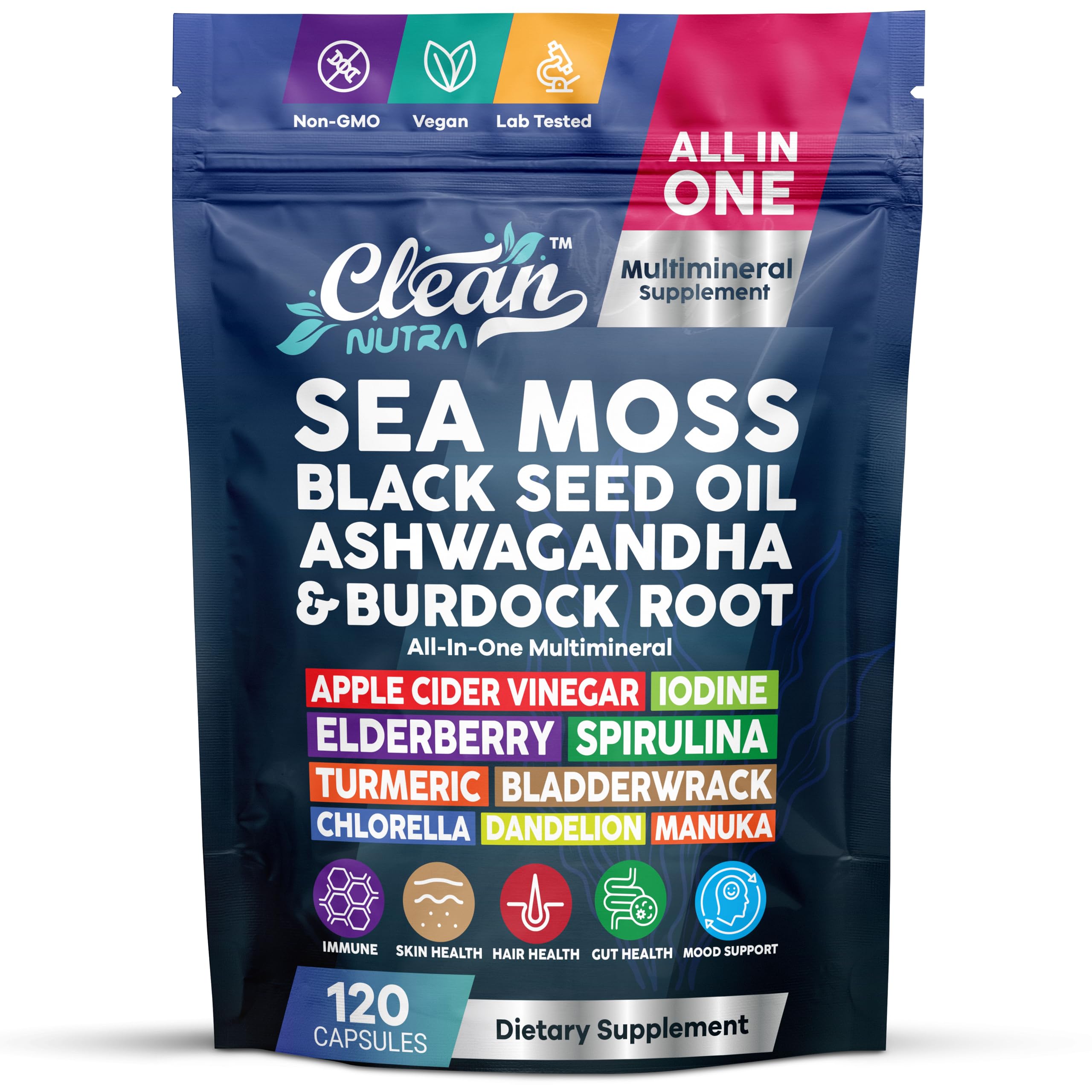 Clean Nutraceuticals Sea Moss Capsules front view with packaging