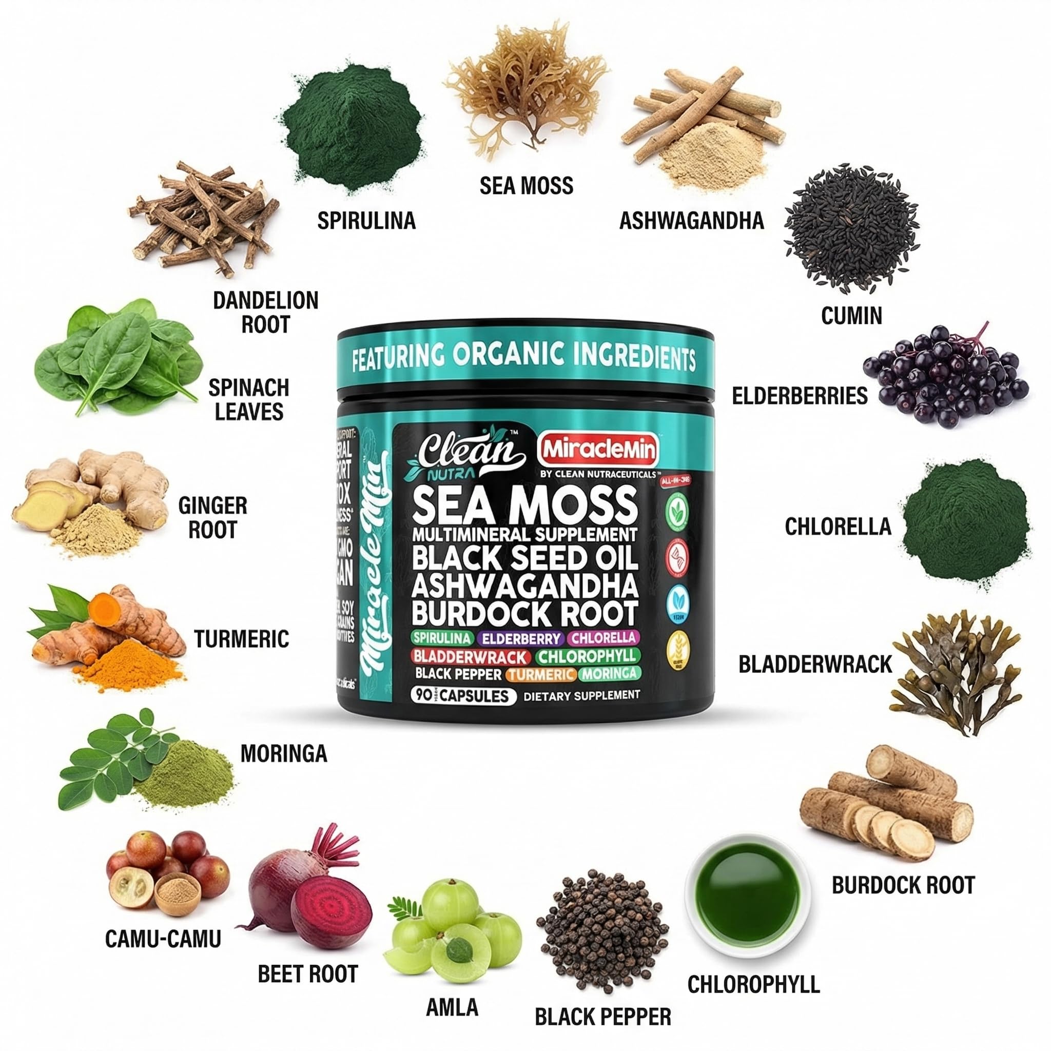 Clean Nutraceuticals Sea Moss Capsules in packaging on a wooden table
